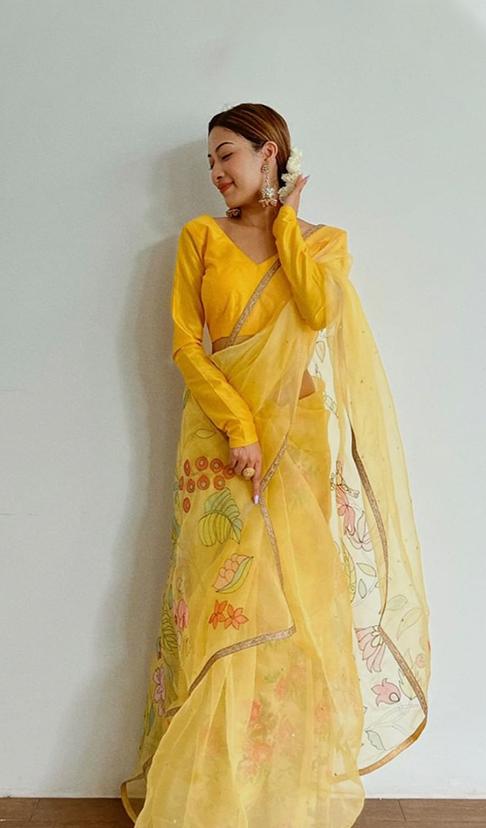 Buy Yellow Sunshine Pure Chiffon Saree online in India at Best Price