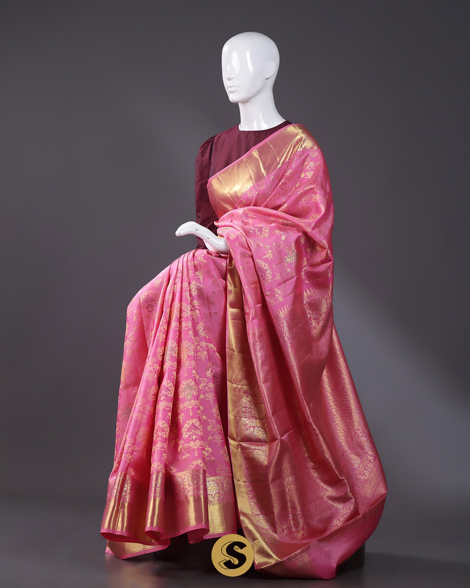 Hot Pink Kanjivaram Silk Saree With Floral Jaal Weaving