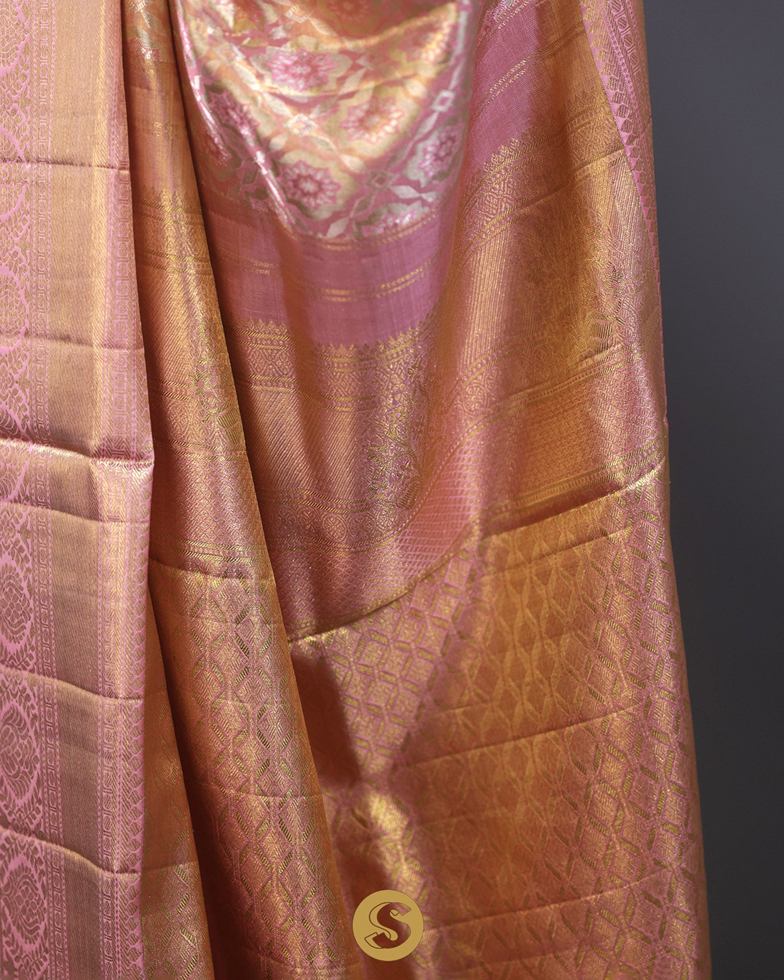 Pink Gold Tissue Kanjivaram Saree With Floral Jaal Weaving