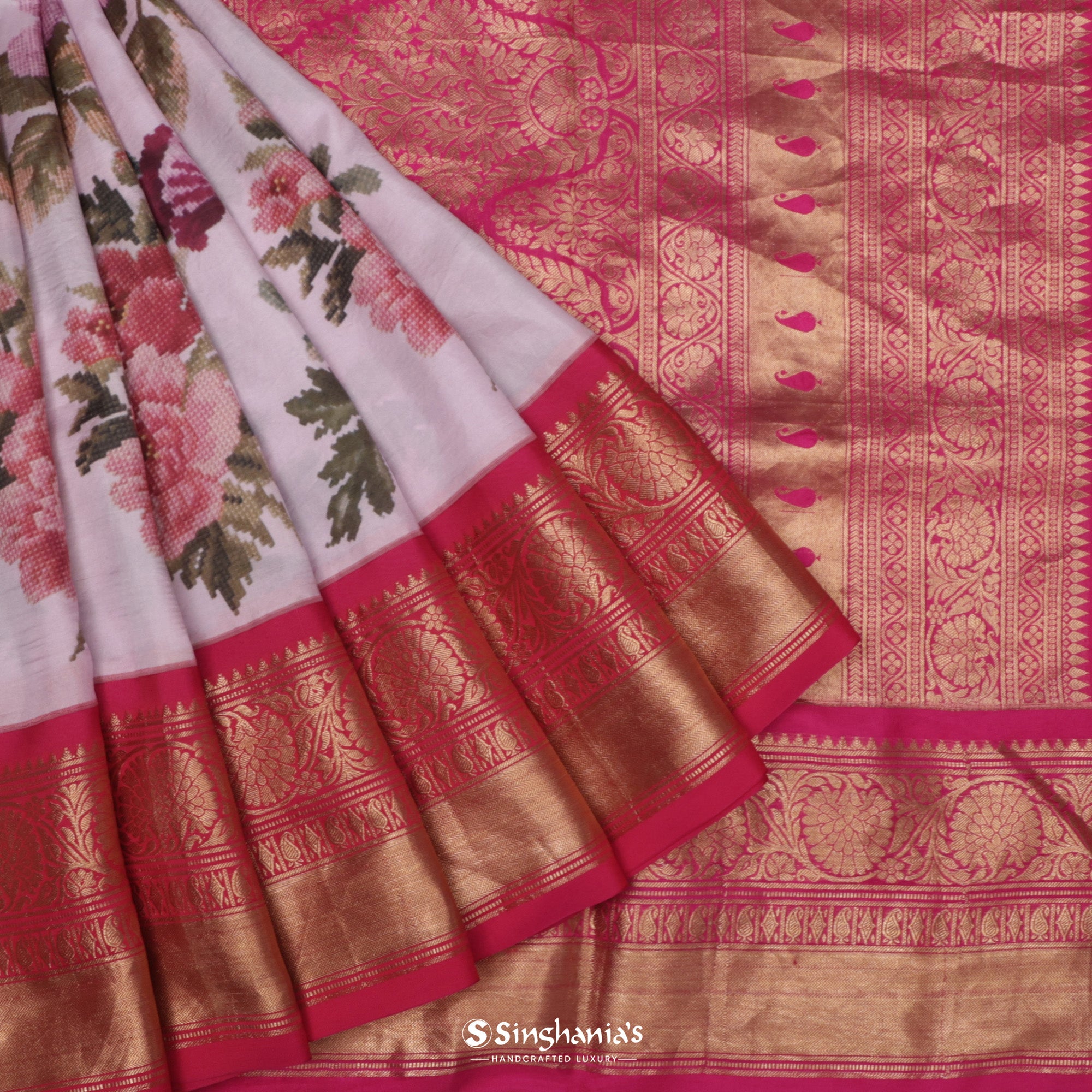 Pale Pink Kanjivaram Silk Saree With Printed Floral Designs