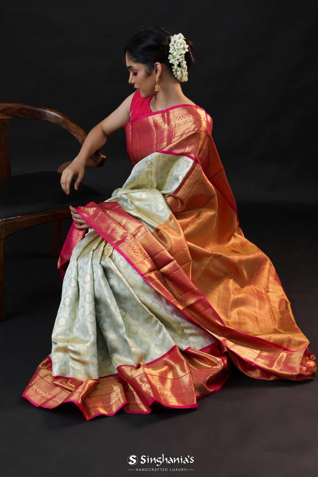 Pastel Cambridge Blue Tissue Kanjivaram Silk Saree With Zari Weaving