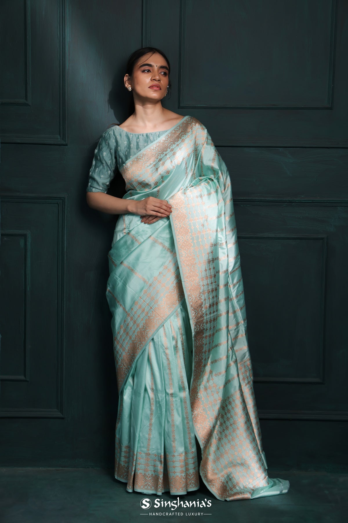 Light Turquoise Blue Banarasi Silk Saree With Floral Stripes Weaving