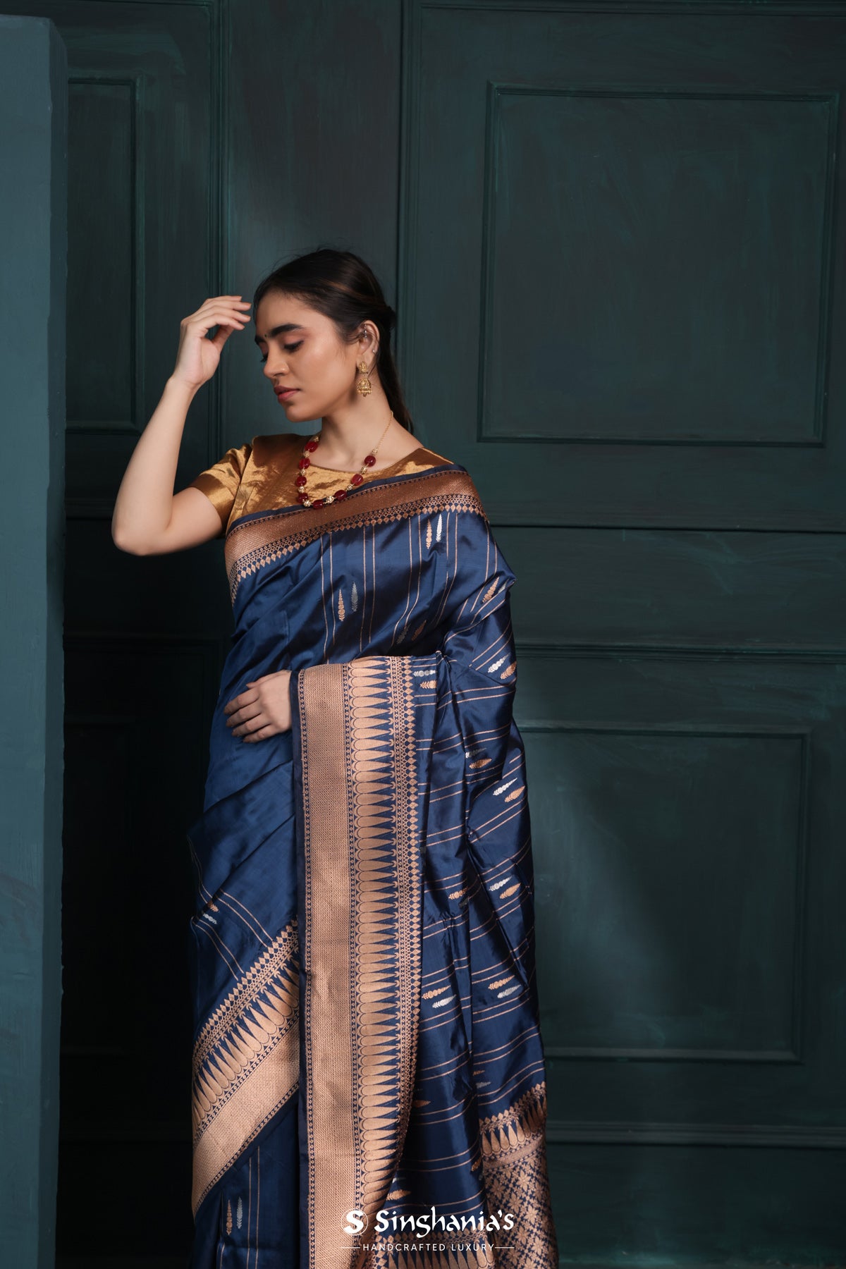 Prussian Blue Banarasi Silk Saree With Floral Buttas-Stripes Design