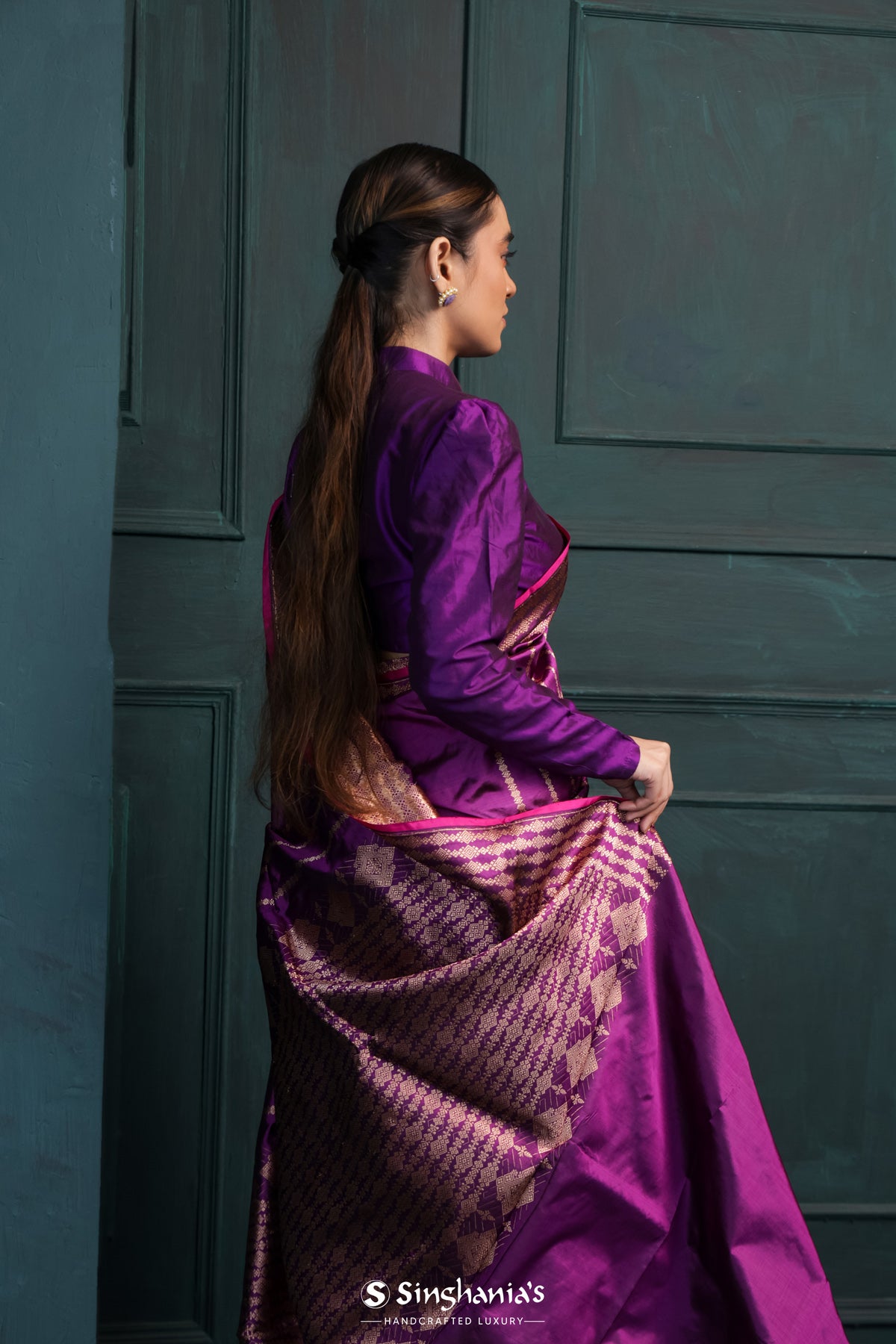 Strong Purple Banarasi Silk Saree With Floral Stripes Design