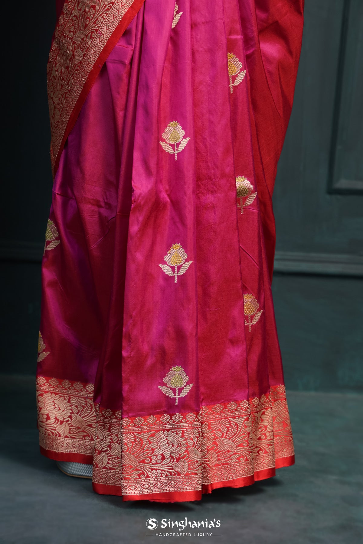 Mexican Pink Banarasi Silk Saree With Floral Butta Design