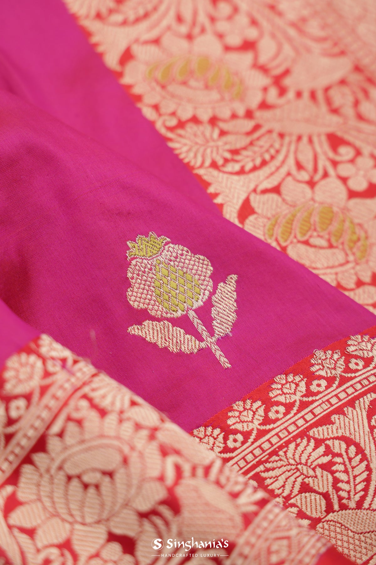 Mexican Pink Banarasi Silk Saree With Floral Butta Design