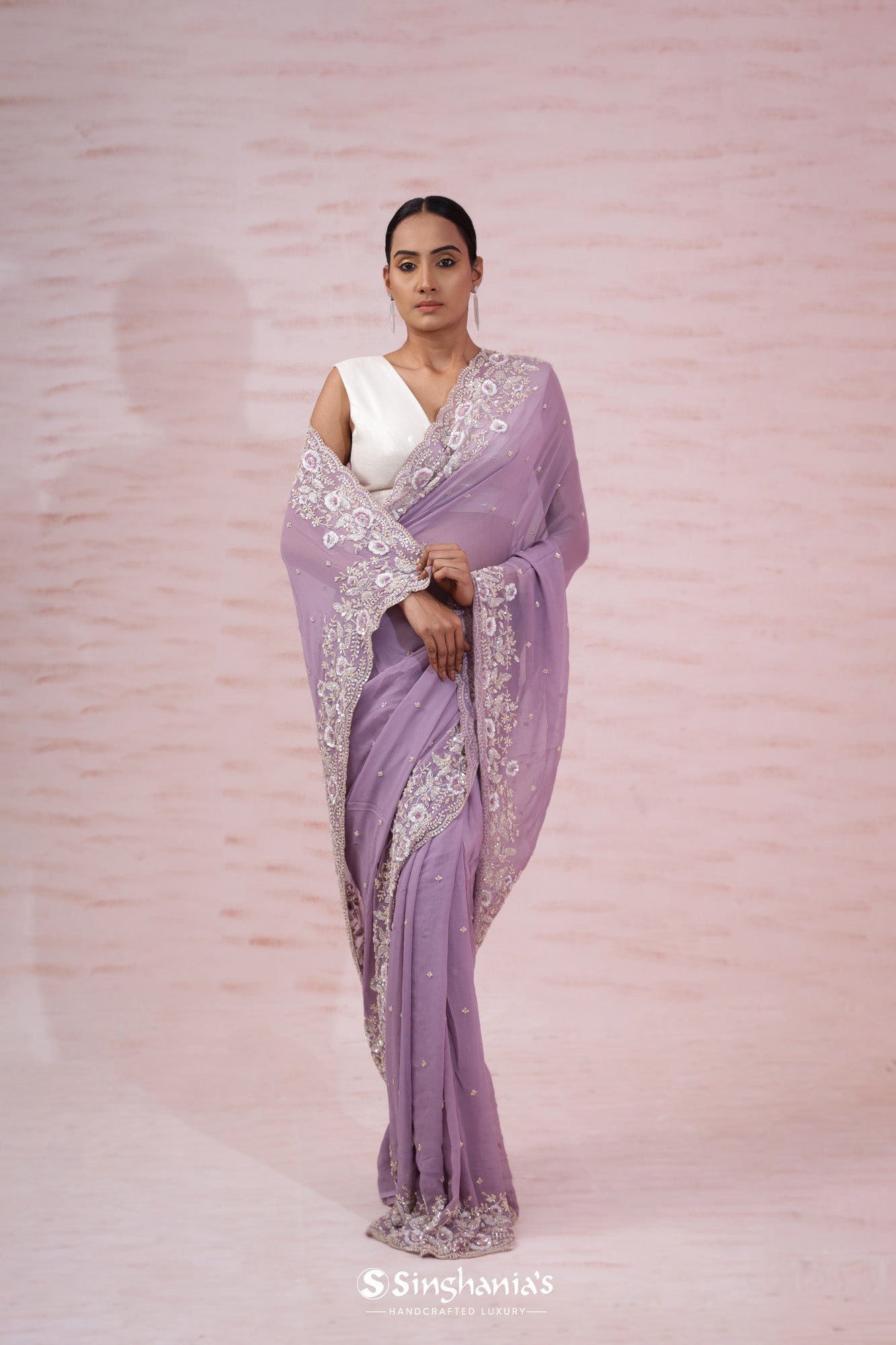 African Violet Printed Georgette Saree With Hand Embroidery