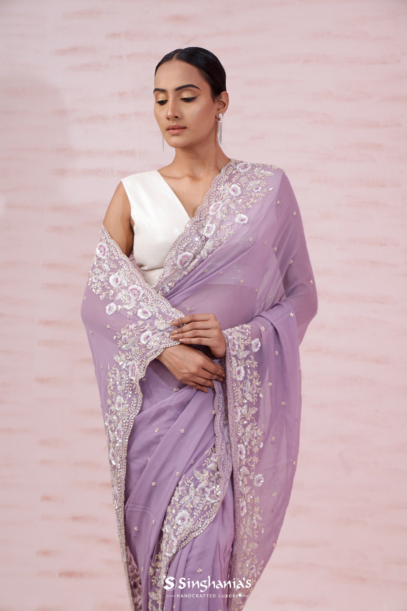 African Violet Printed Georgette Saree With Hand Embroidery