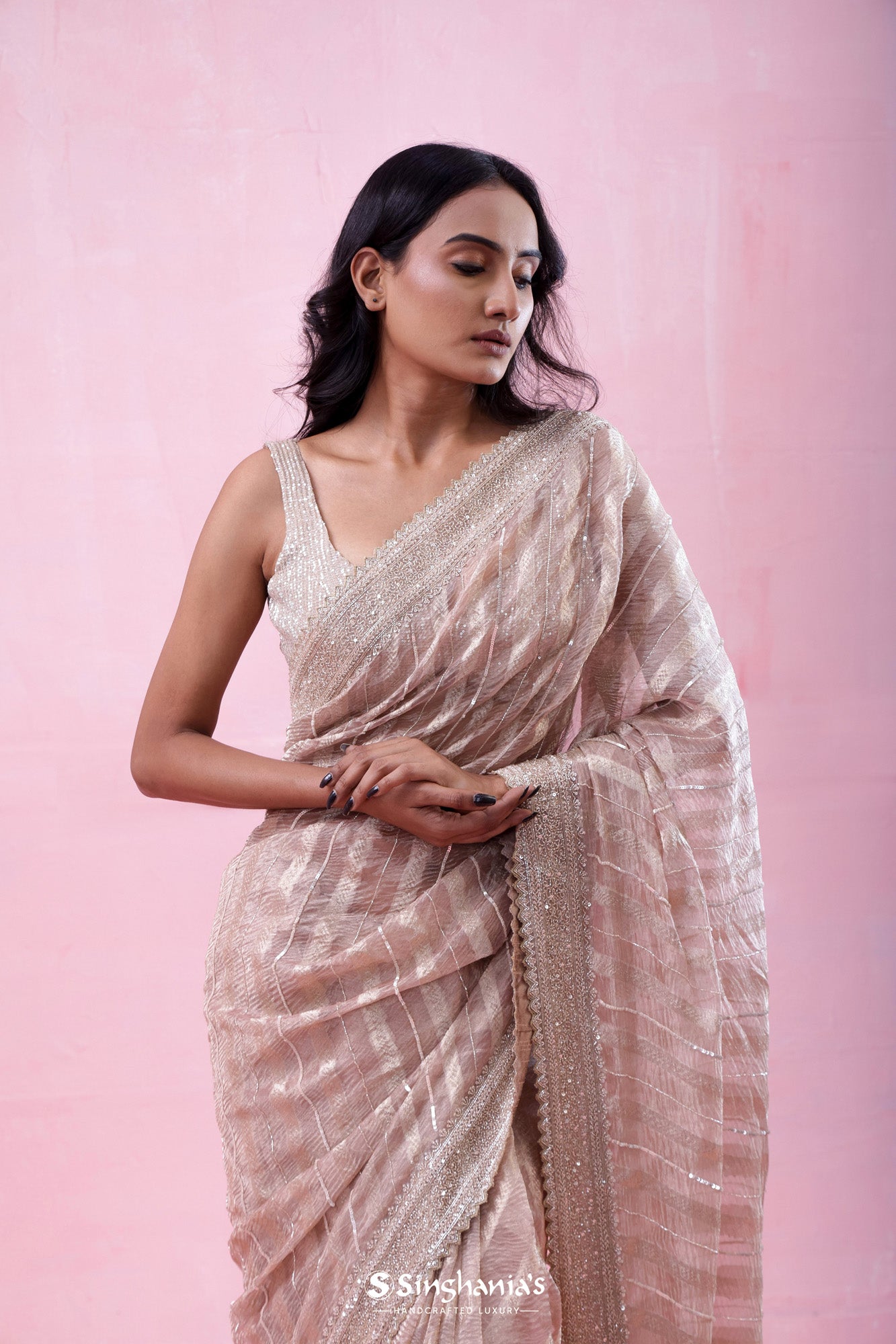Brown Beige Crushed Tissue Organza Saree With Hand Embroidery