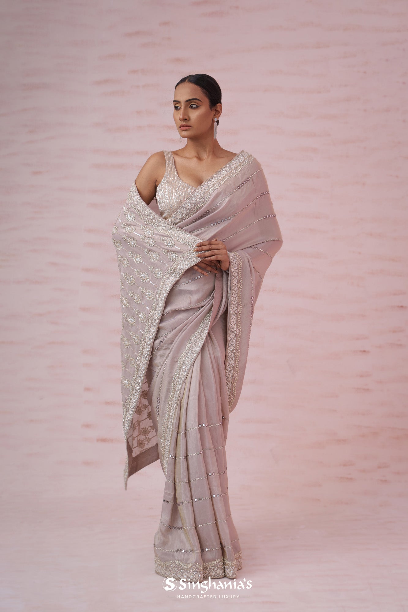 Pastel Grey Satin Saree With Hand Embroidery
