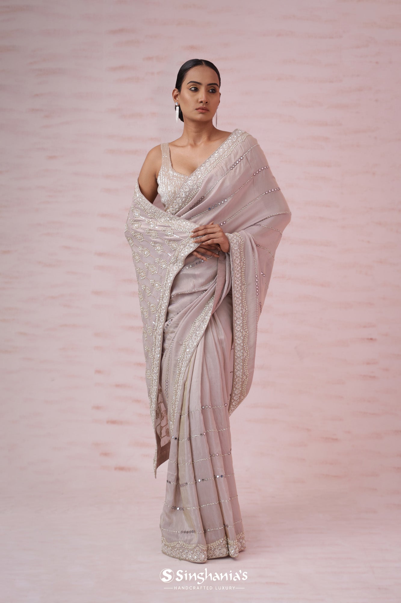 Pastel Grey Satin Saree With Hand Embroidery