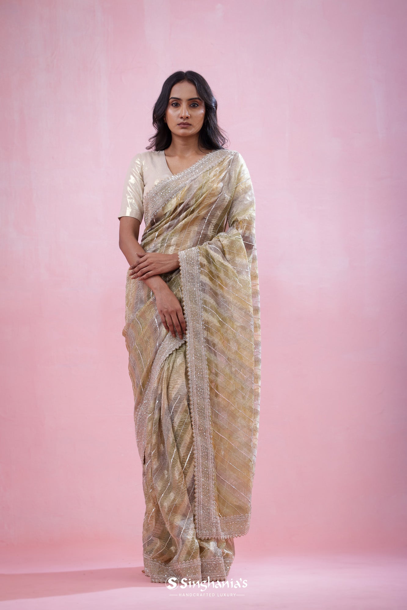 Golden Yellow-Grey Crushed Tissue Organza Saree With Hand Embroidery