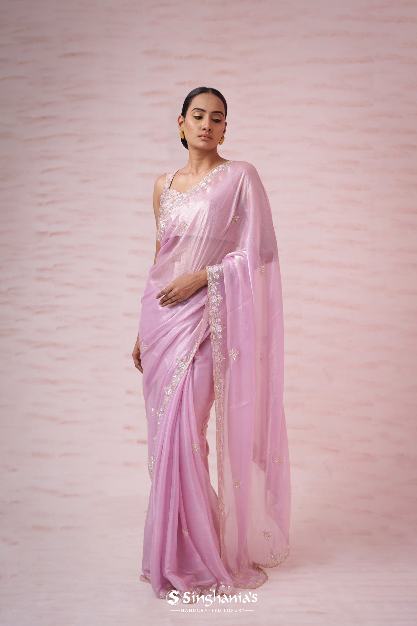 Taffy Pink Tissue Organza Designer Saree With Hand Embroidery