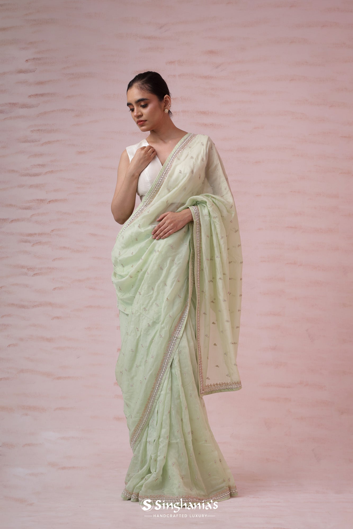 Chetwode Green Organza Saree With Butti Embroidery