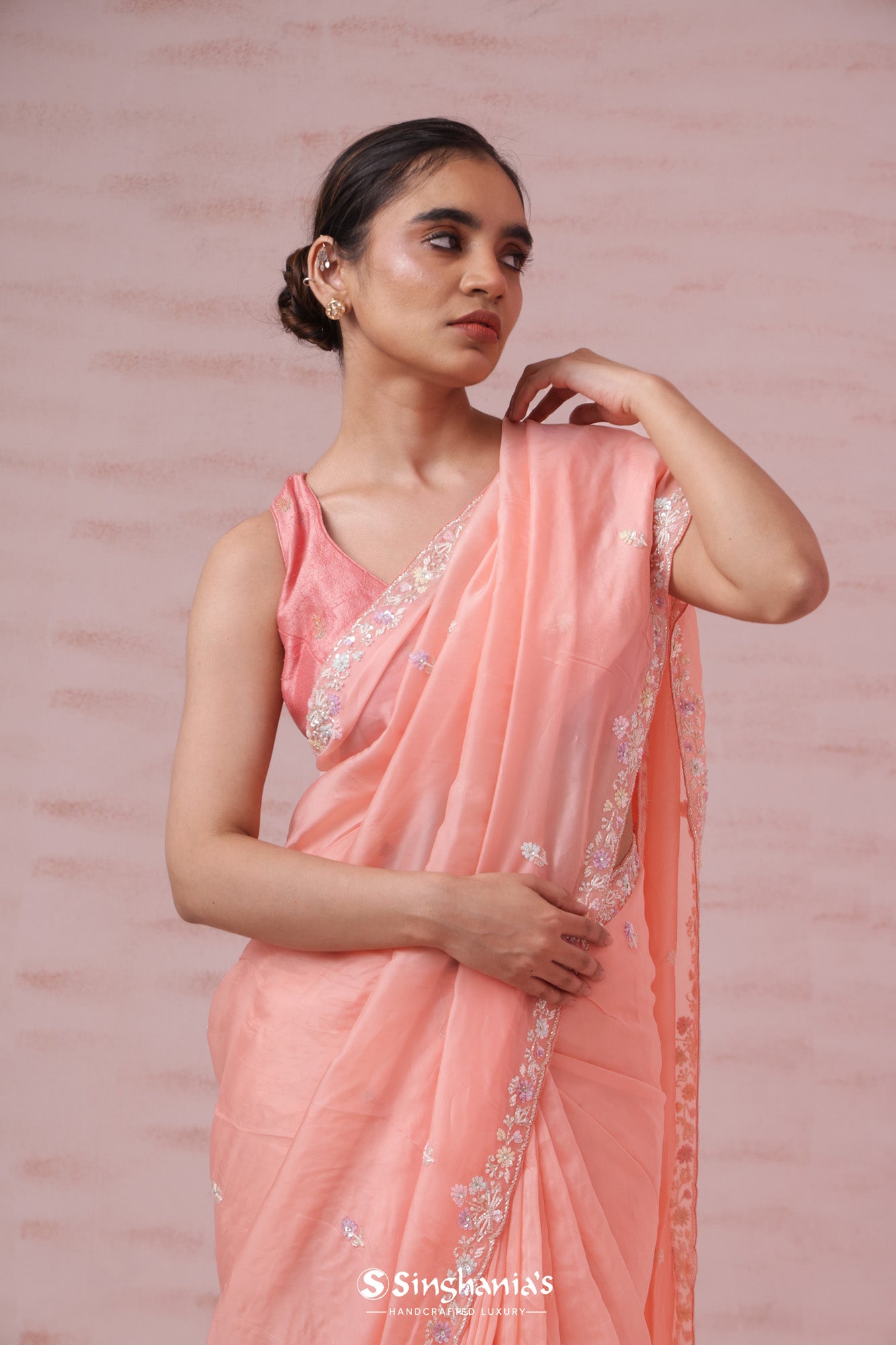 Peach Pink Organza Saree With Hand Embroidery