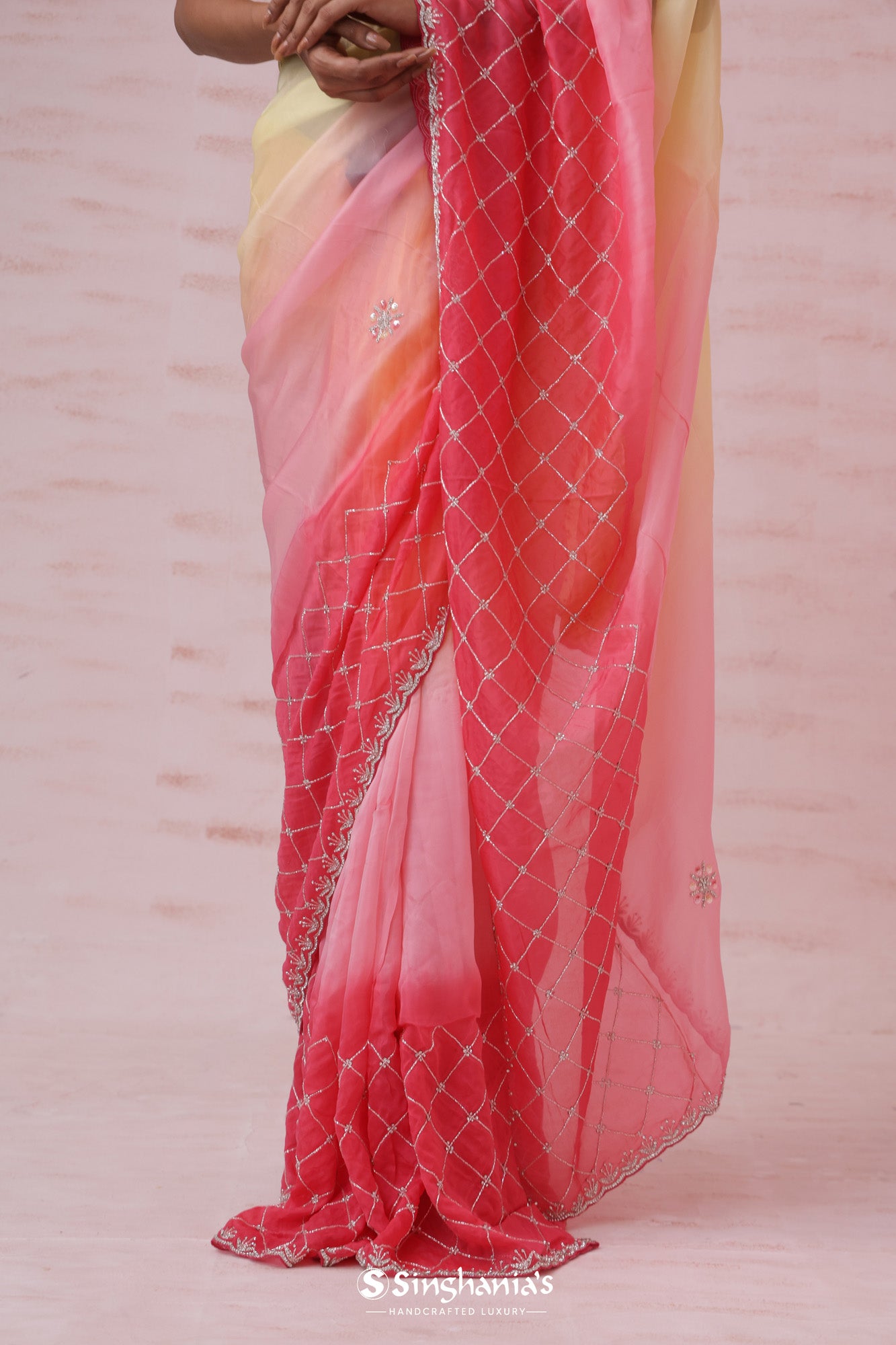 Yellow And Peach Tissue Organza Saree With Hand Embroidery