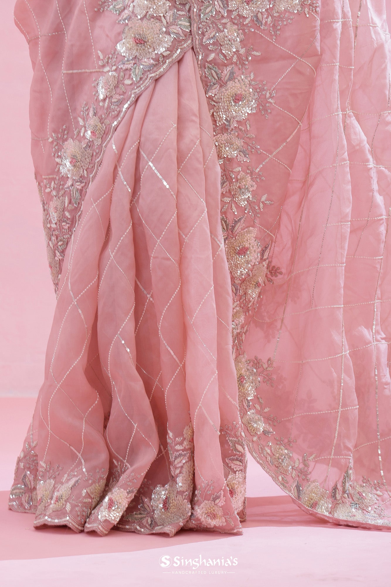 Bubblegum Pink Tissue Organza Saree With Hand Embroidery