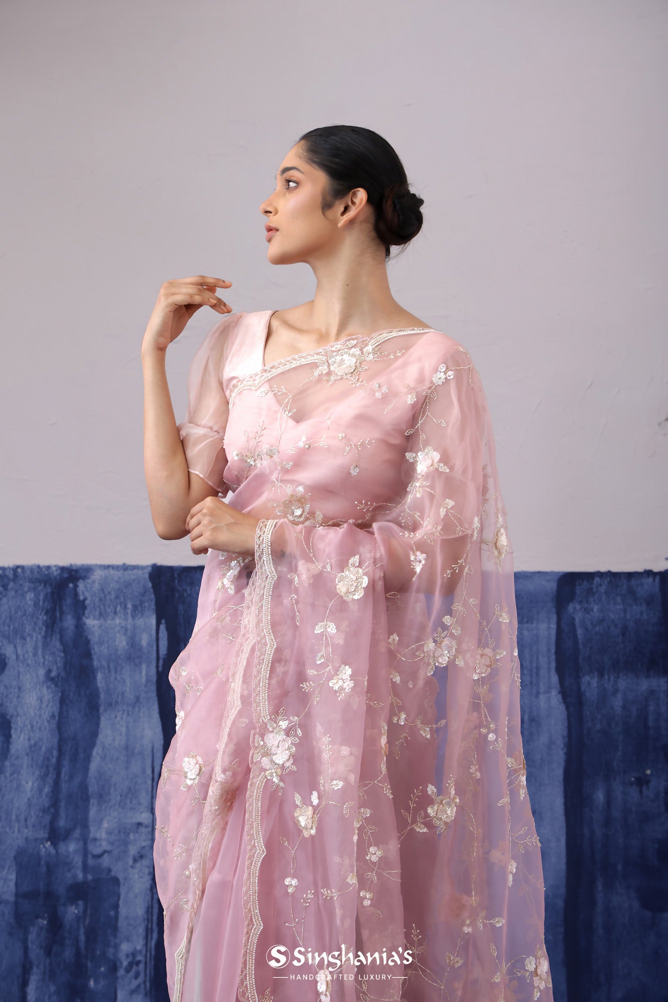 Lemonade Pink Embroidered Tissue Organza Saree With Jaal Pattern