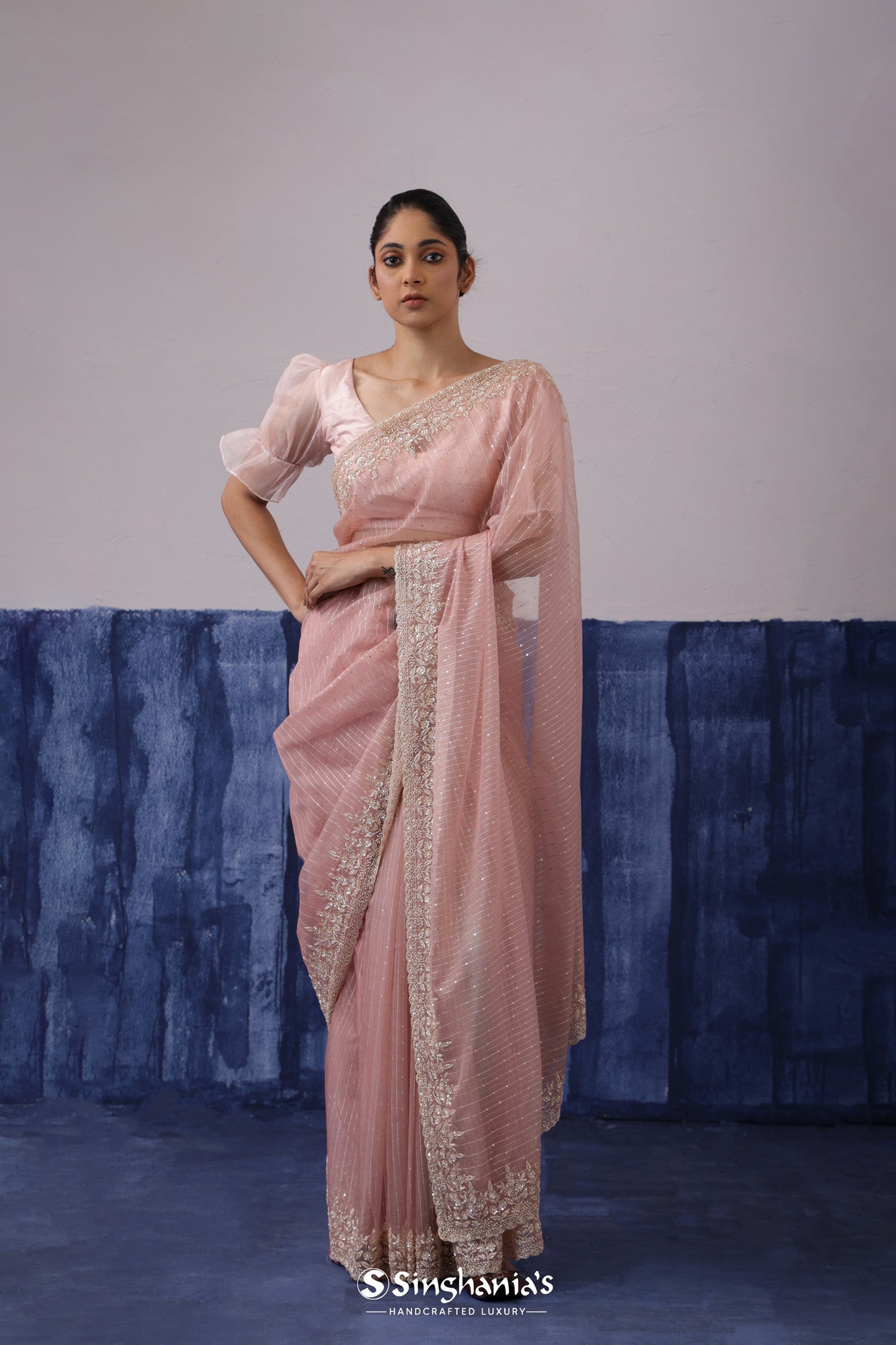 Tea Rose Pink Organza Saree With Hand Embroidery