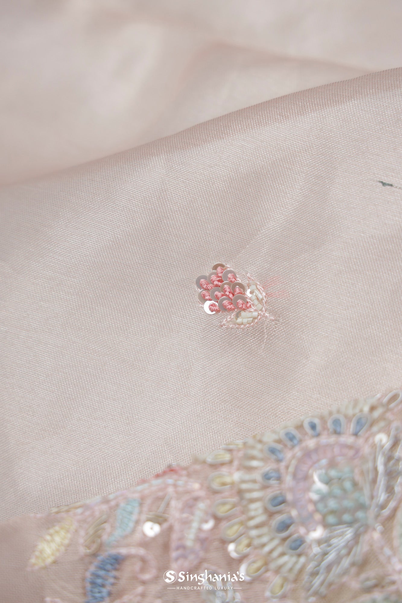 Kasugai Peach Organza Designer Saree With Hand Embroiderypastel Pink Tissue Organza Saree With Hand Embroidery
