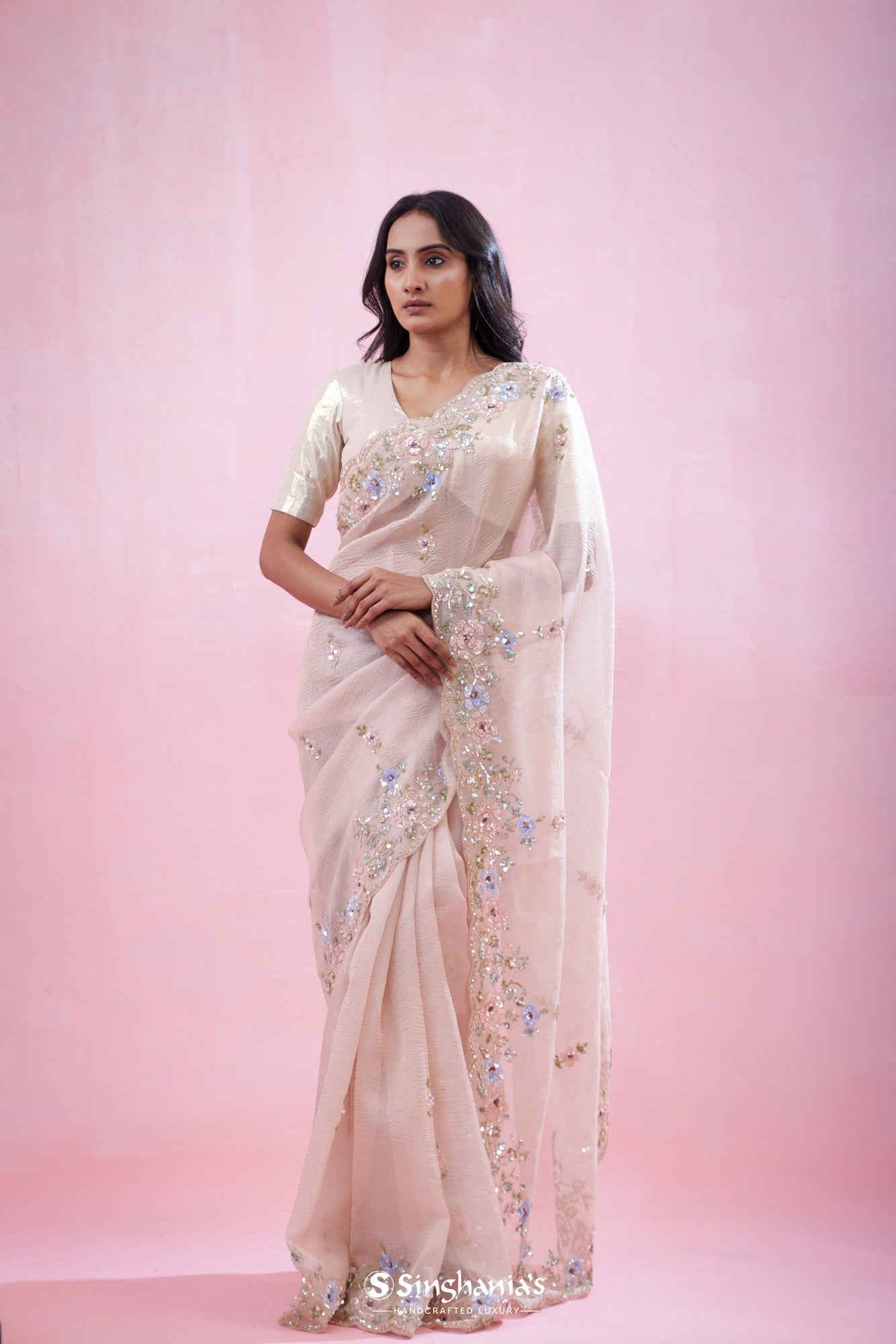 Chic Peach Crushed Tissue Organza Saree With Hand Embroidery