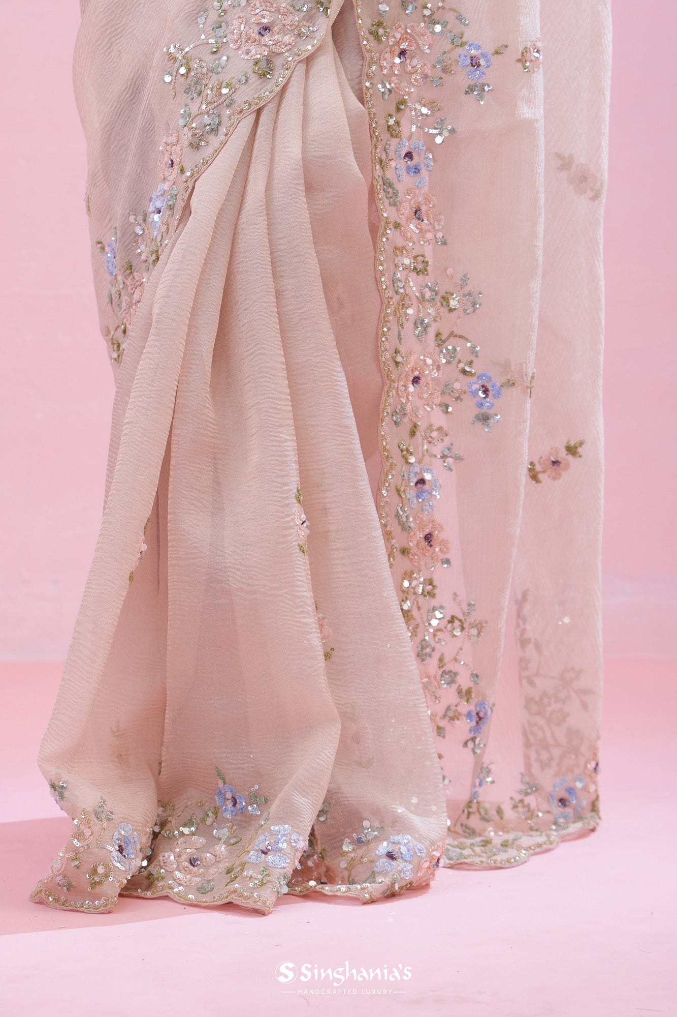 Chic Peach Crushed Tissue Organza Saree With Hand Embroidery