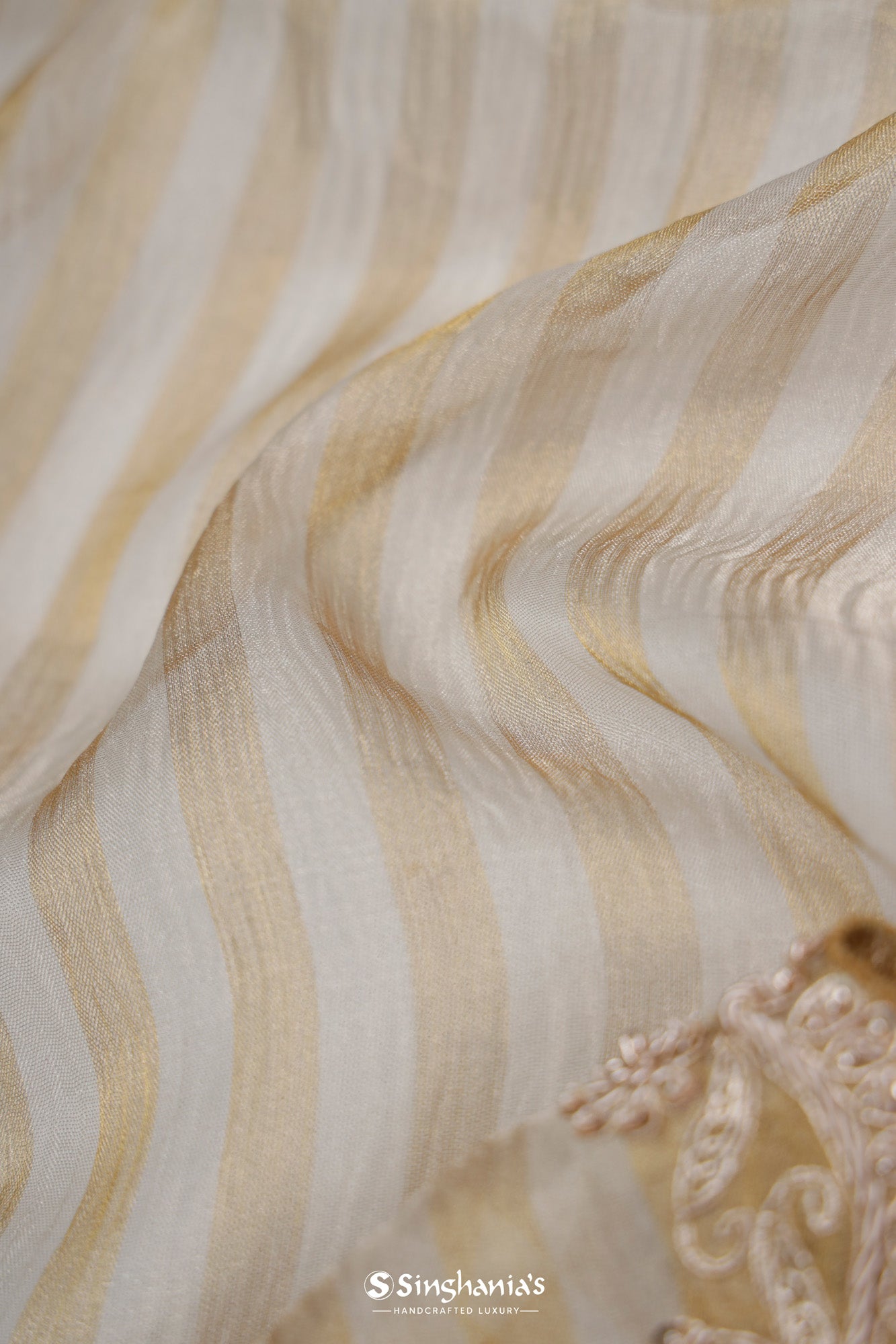 Pale Gold Crushed Tissue Organza Saree With Hand Embroidery