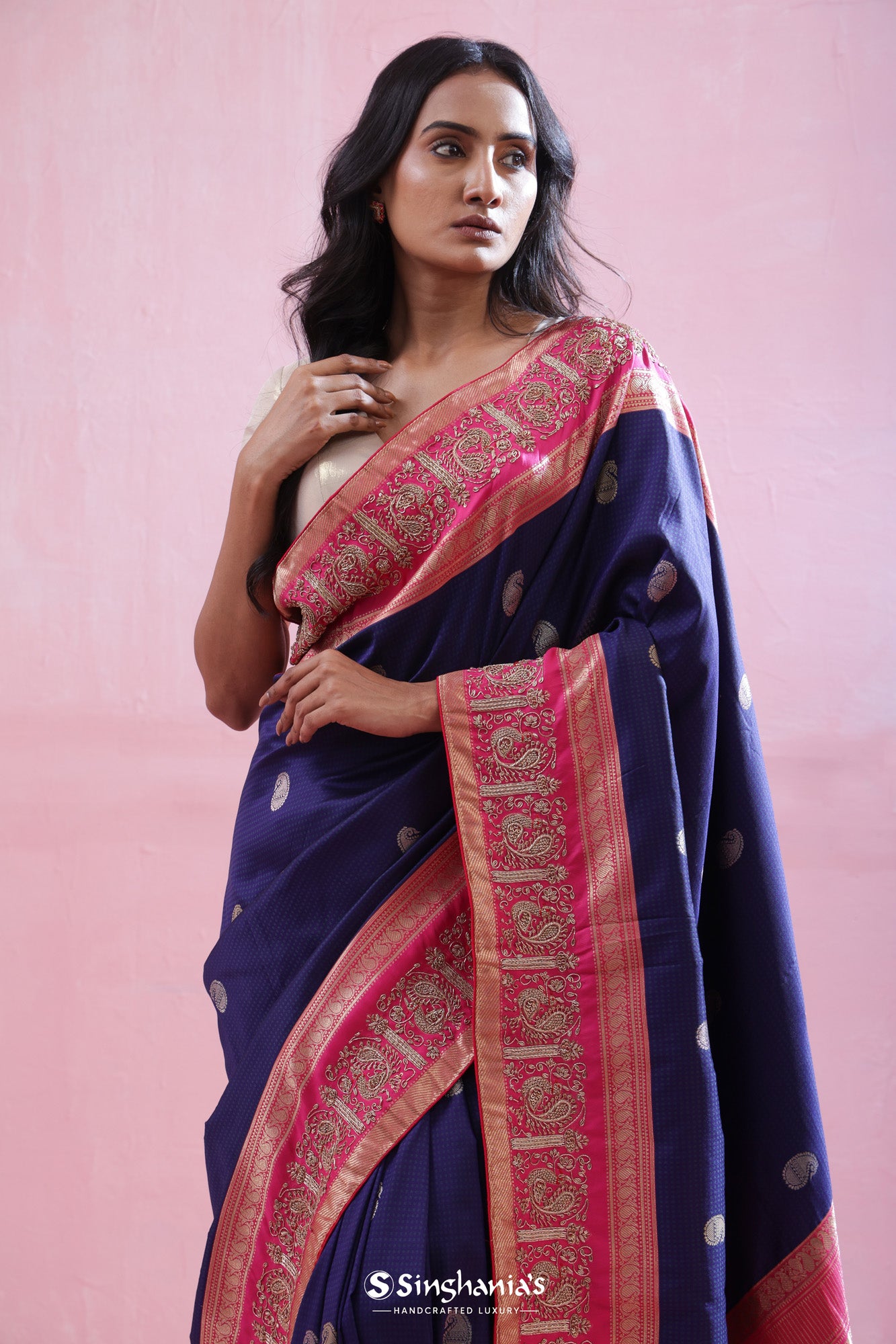 Visa Blue Kanjivaram Silk Saree With Hand Embroidery