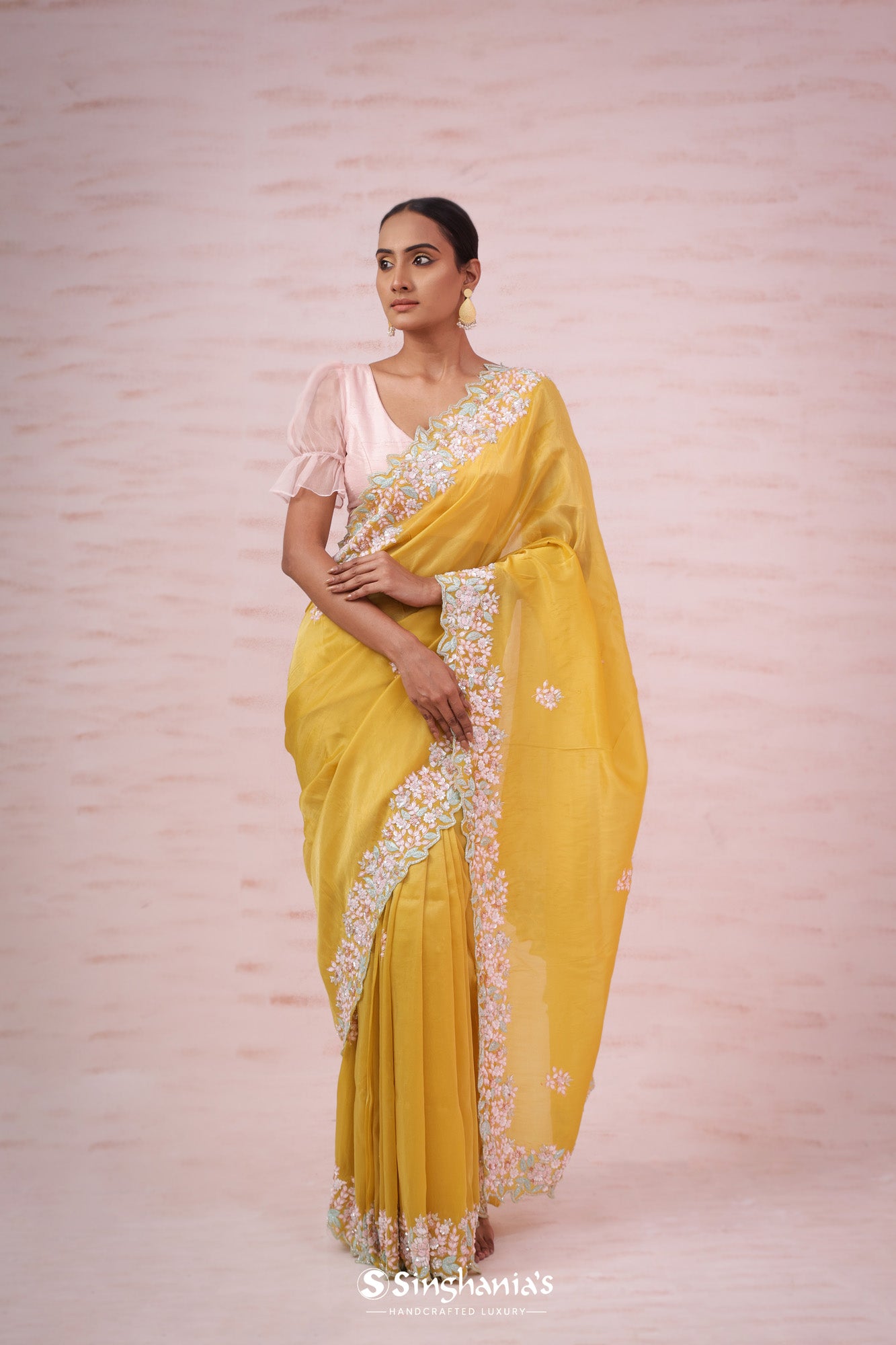Gold Yellow Tissue Organza Saree With Butti Embroidery