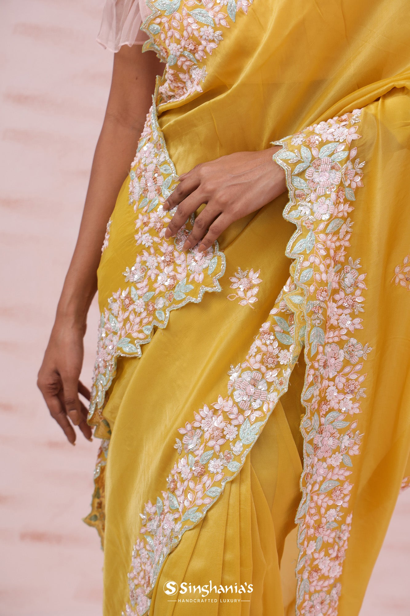 Gold Yellow Tissue Organza Saree With Butti Embroidery