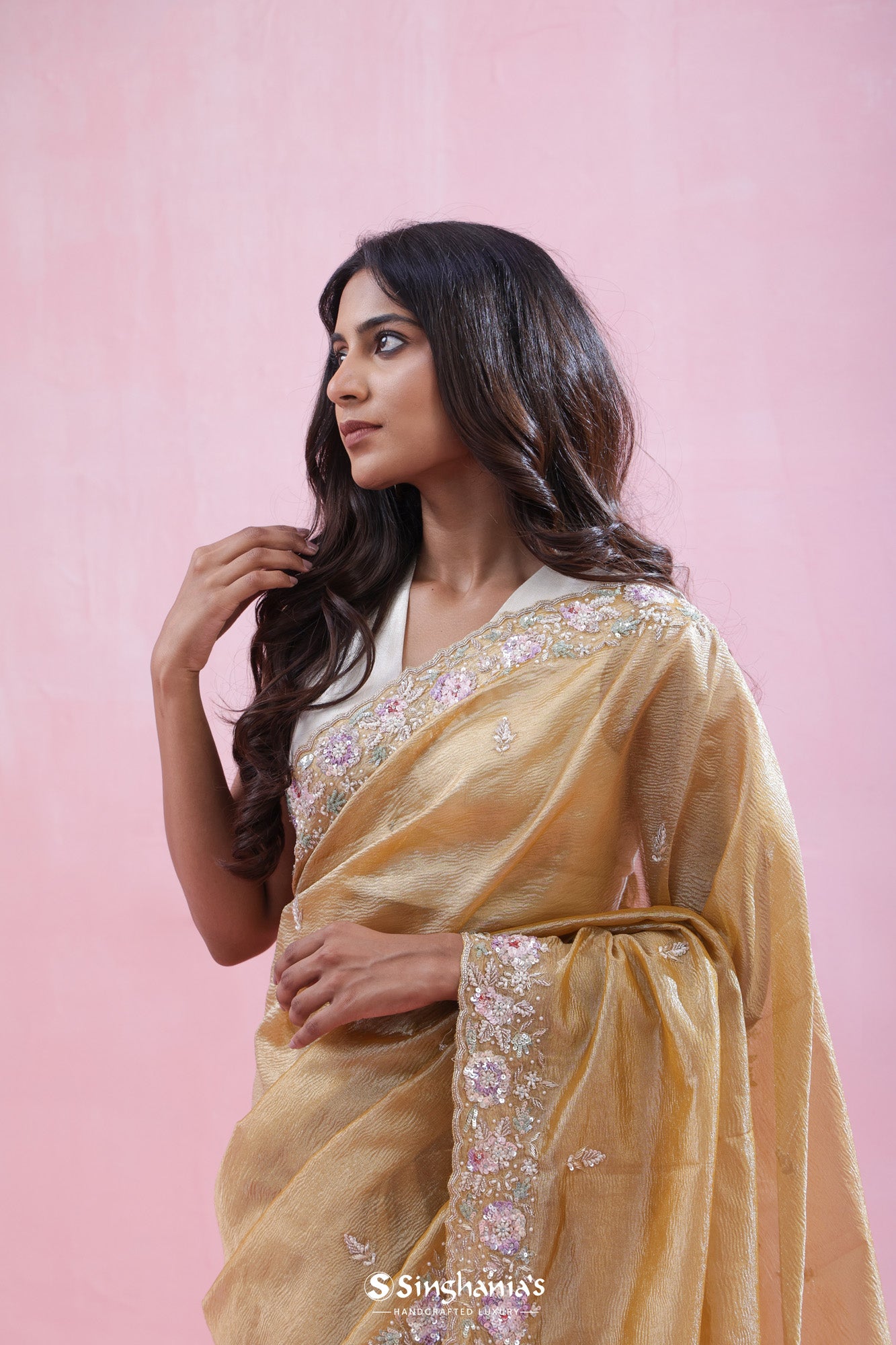 Metallic Gold Crushed Tissue Organza Saree With Hand Embroidery