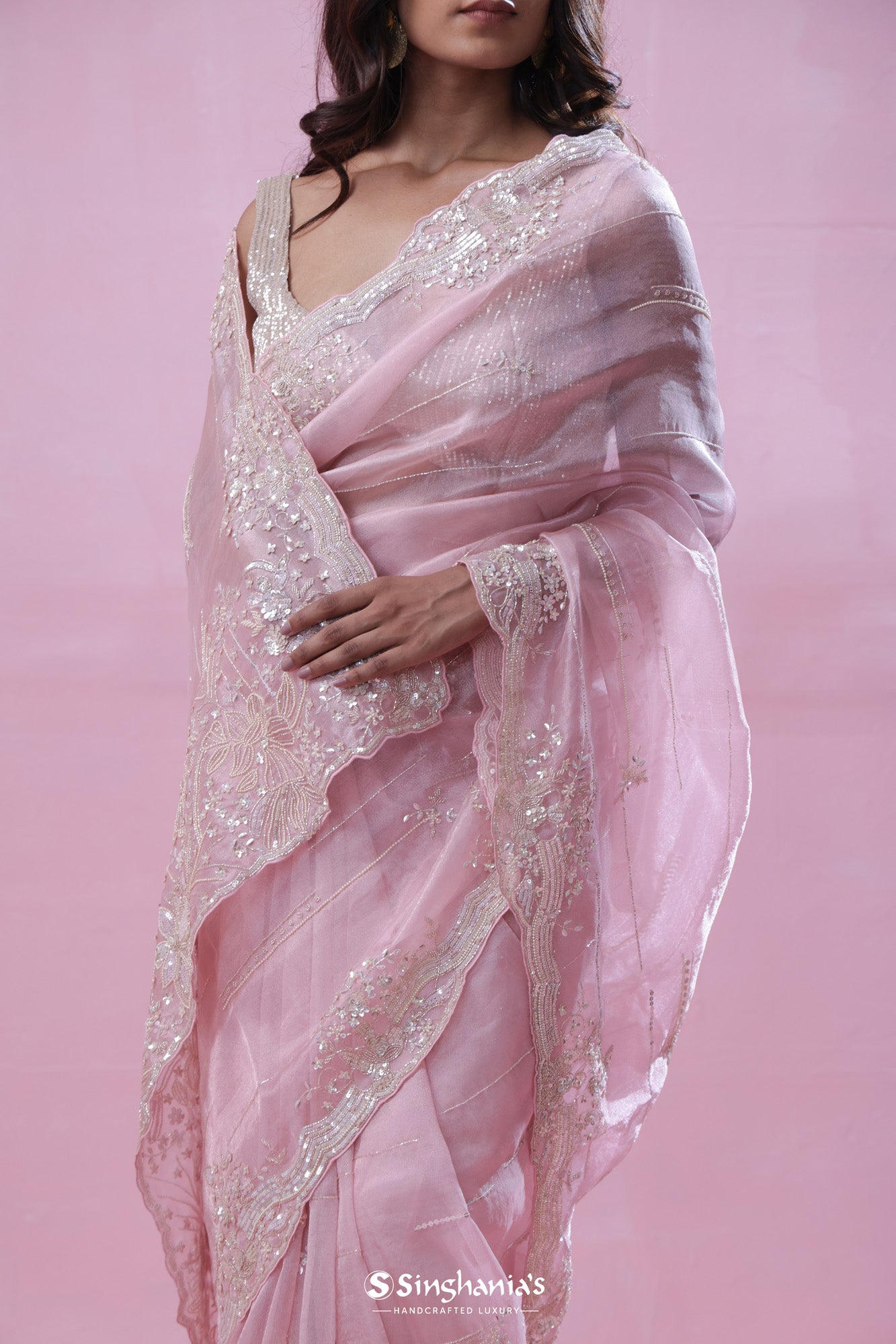 Pastel Pink Tissue Organza Saree With Hand Embroidery