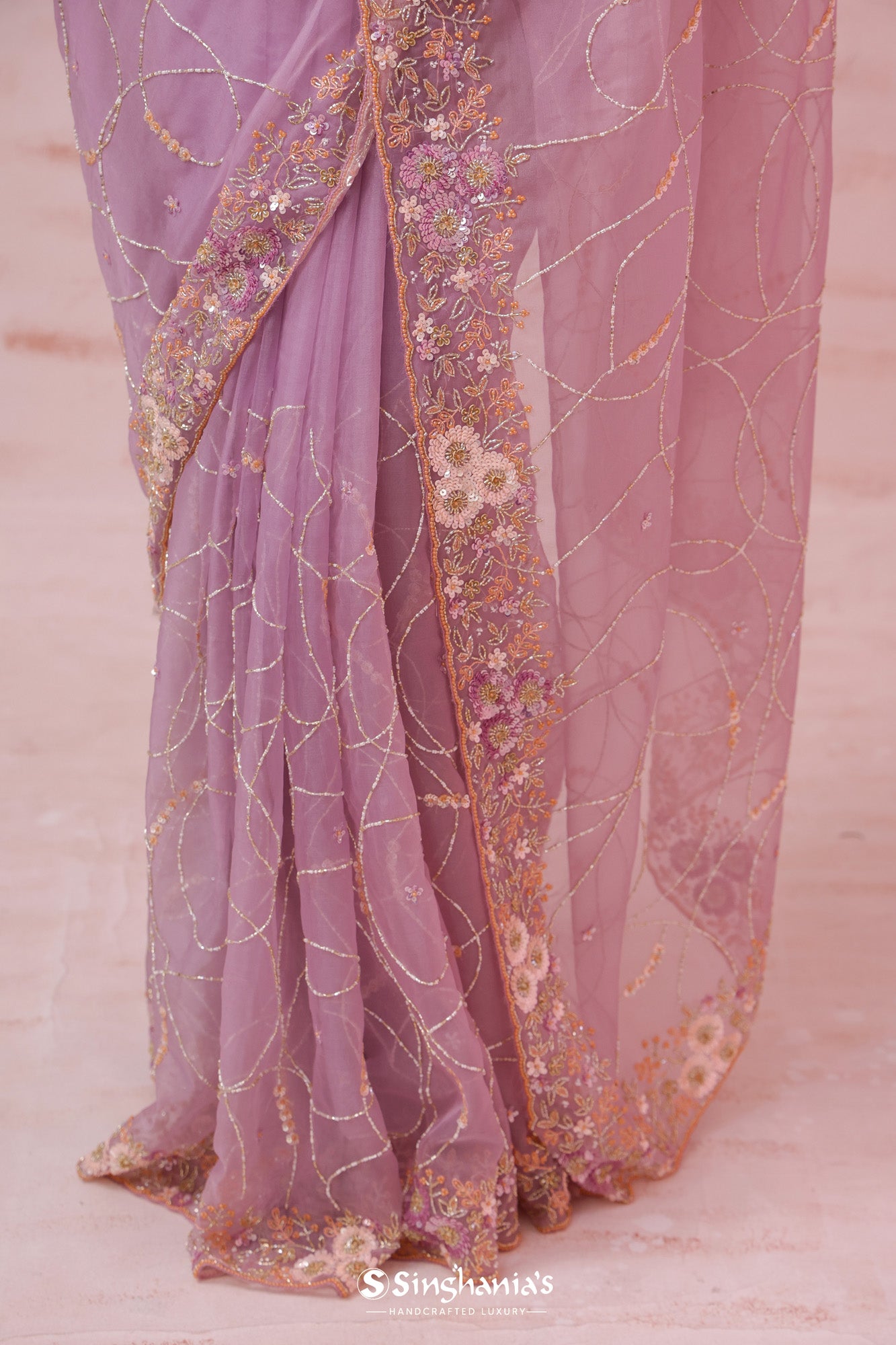 Thistle Purple Embroidery Organza Saree With Floral Jaal Pattern