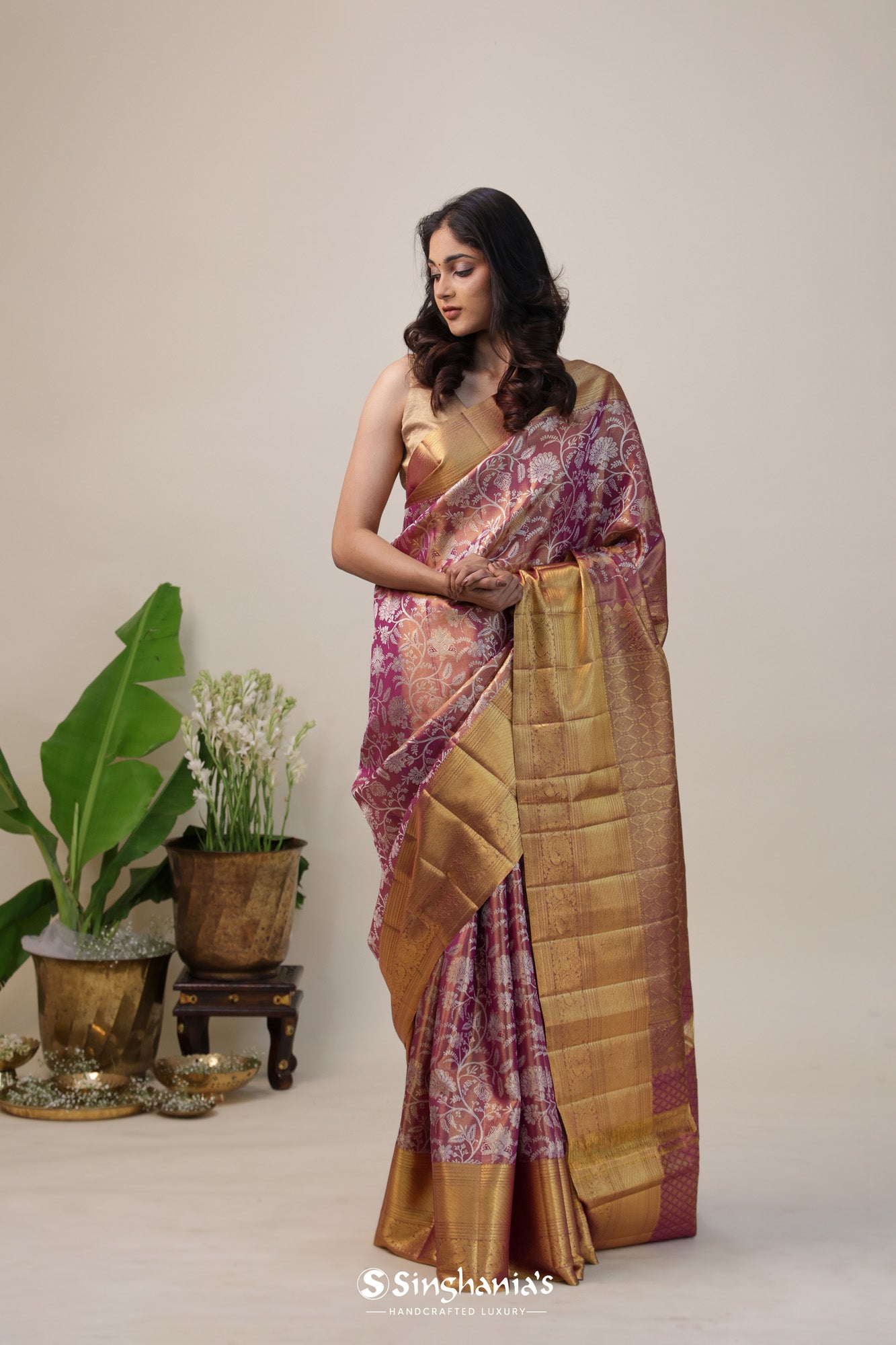 Dark Pink Tissue Kanjivaram Silk Saree With Jaal Big Border Design