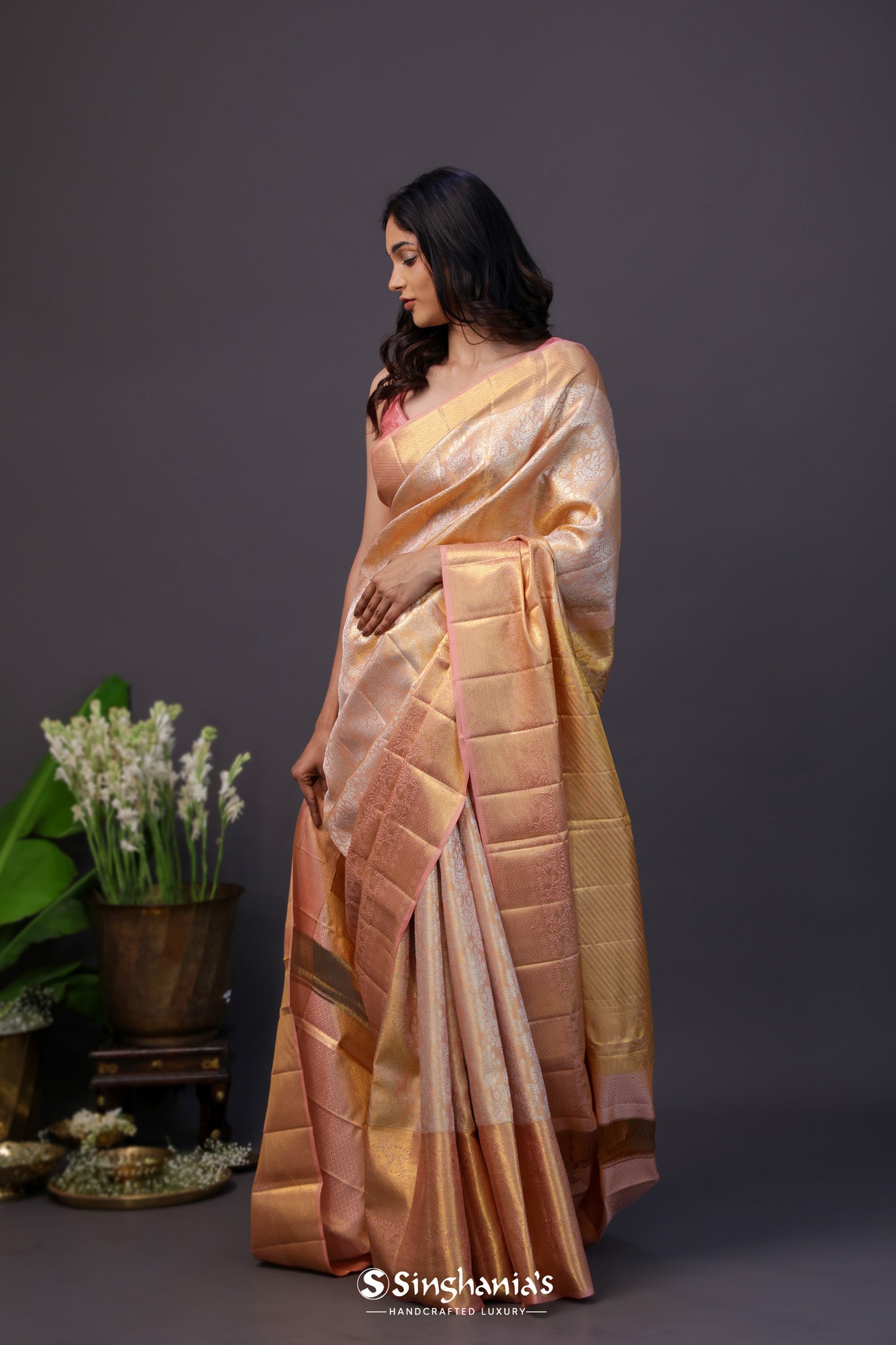 Pale Gold Tissue Kanjivaram Silk Saree With Butti Weaving