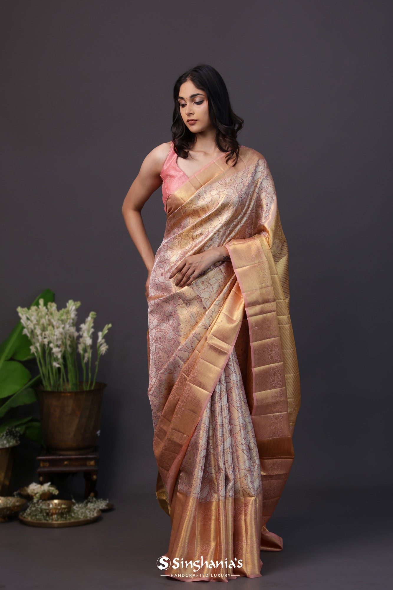 Pale Gold Tissue Kanjivaram Silk Saree With Meenakari Design