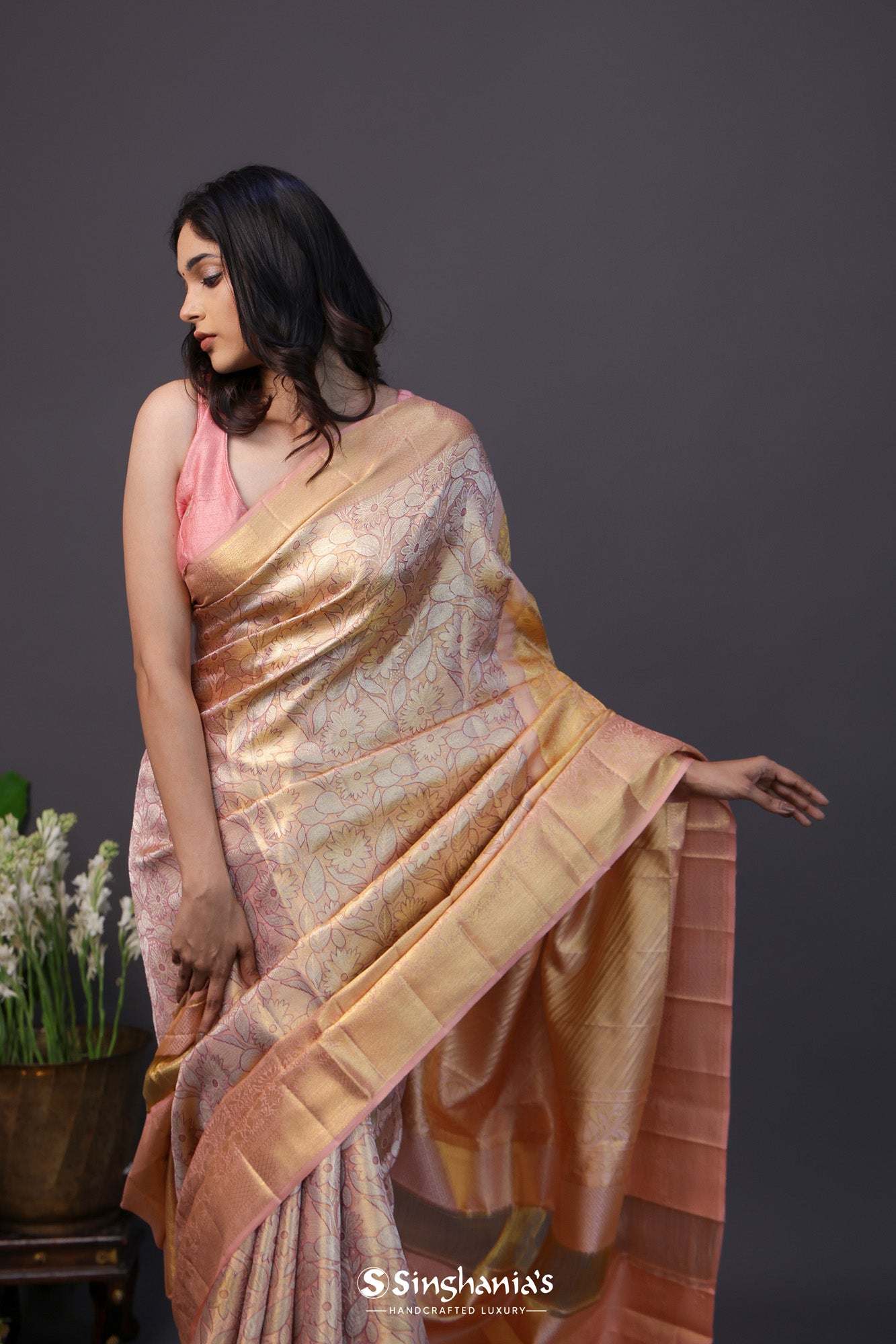 Pale Gold Tissue Kanjivaram Silk Saree With Meenakari Design