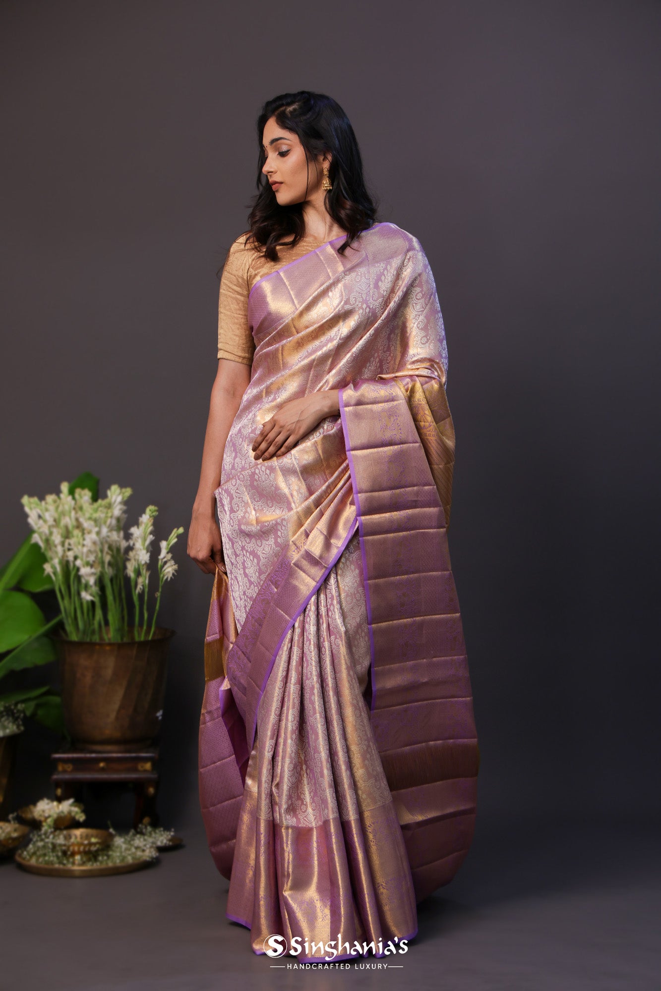Thistle Purple Tissue Kanjivaram Silk Saree With Floral Pattern