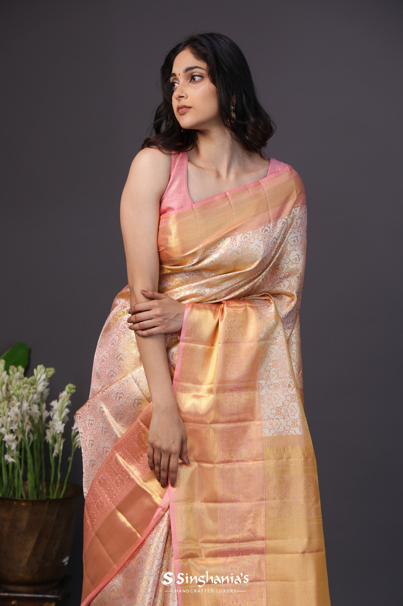 Crepe Pink Tissue Kanjivaram Silk Saree With Floral Design