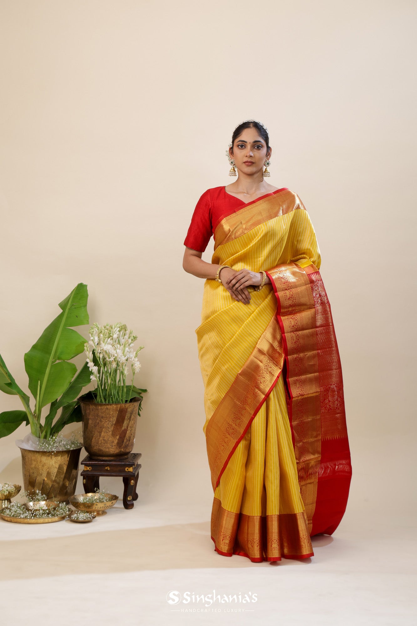 Mustard Yellow Tissue Kanjivaram Silk Saree With Contrast Red Border