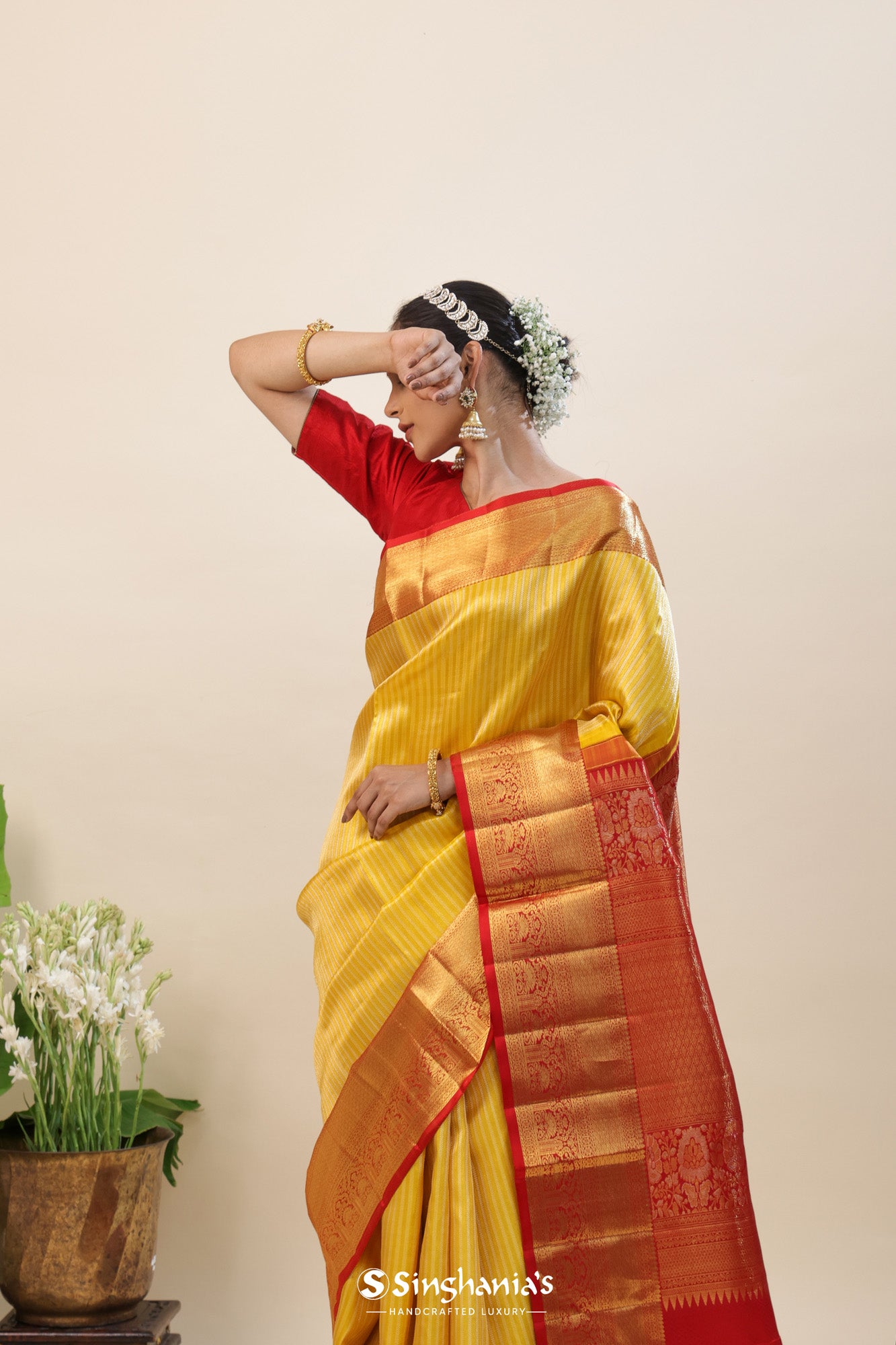 Mustard Yellow Tissue Kanjivaram Silk Saree With Contrast Red Border