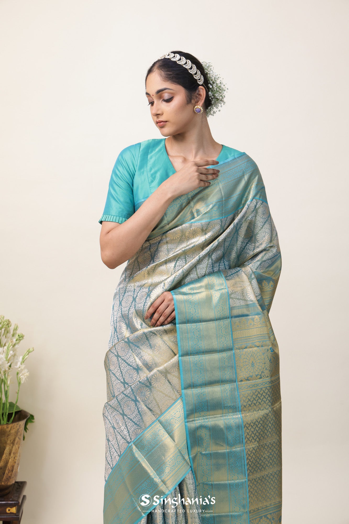 Pastel Blue Tissue Kanjivaram Silk Saree With Floral Butti Ogive Design