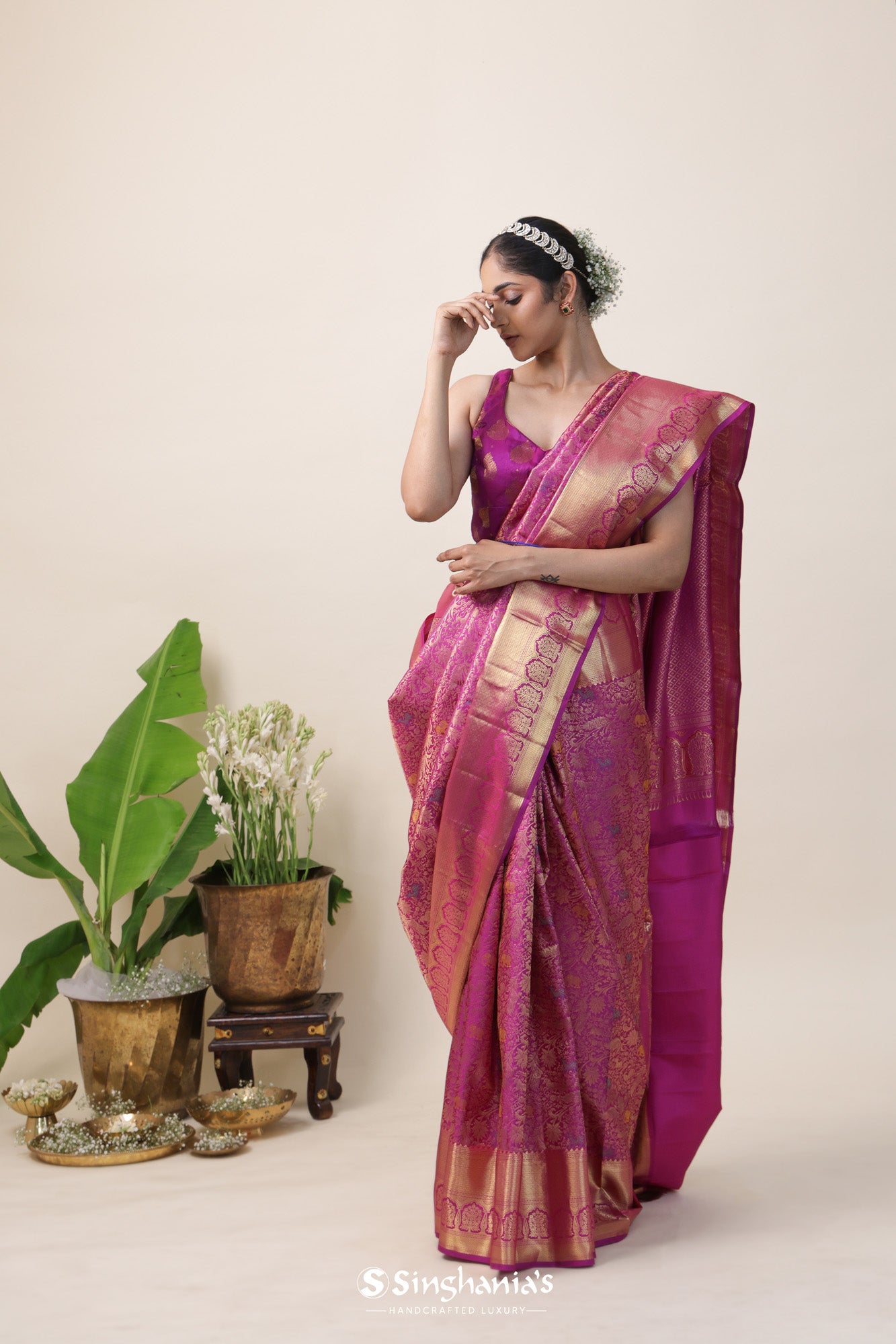 Bright Pink Kanjivaram Silk Saree With Floral Pattern
