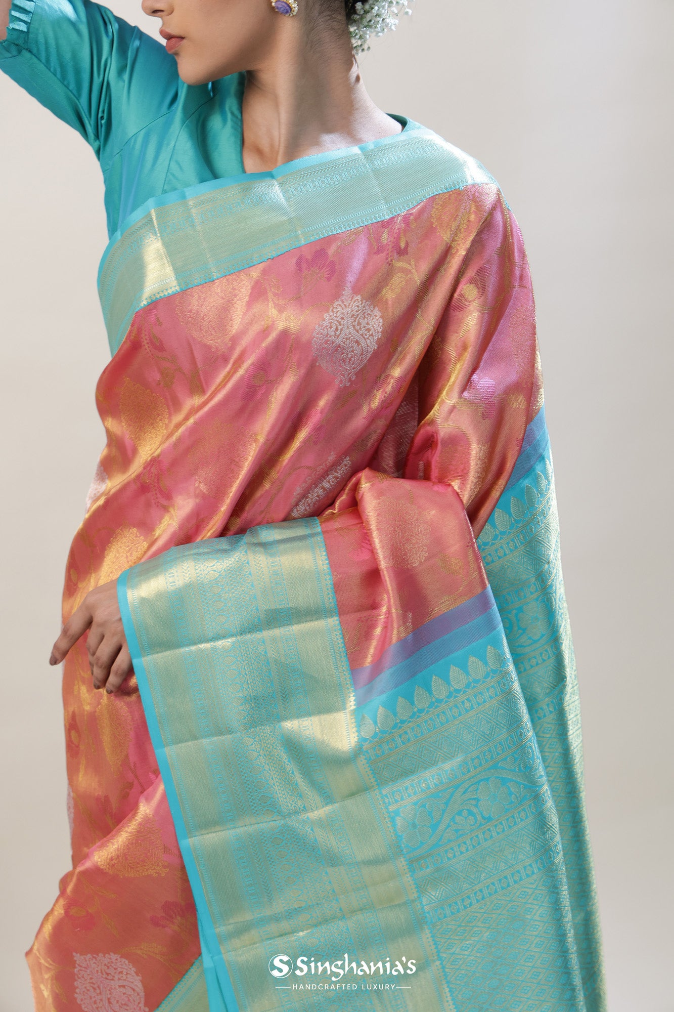 Strawberry Pink Tissue Kanjivaram Silk Saree With Floral Design