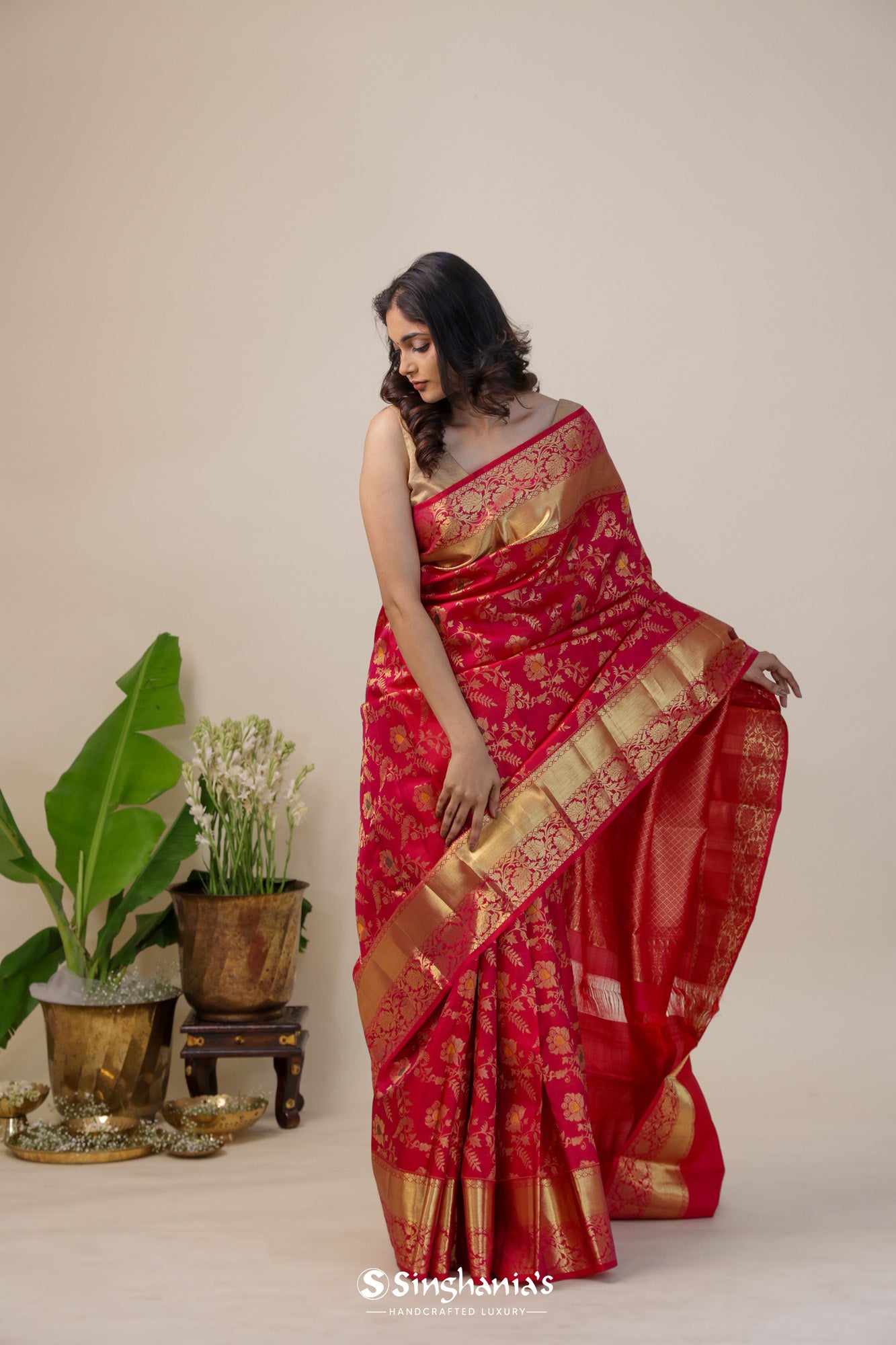 Crimson Red Kanjivaram Silk Saree With Meenakari Work