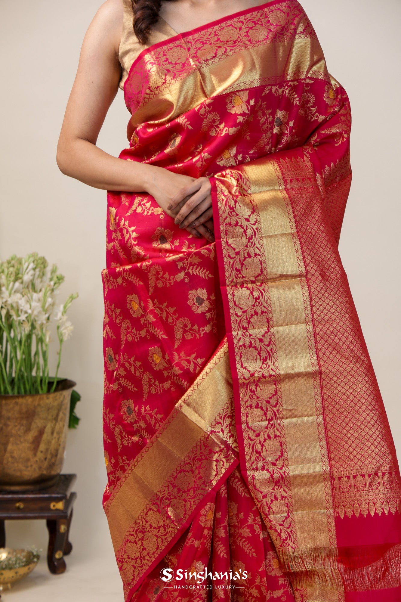 Crimson Red Kanjivaram Silk Saree With Meenakari Work