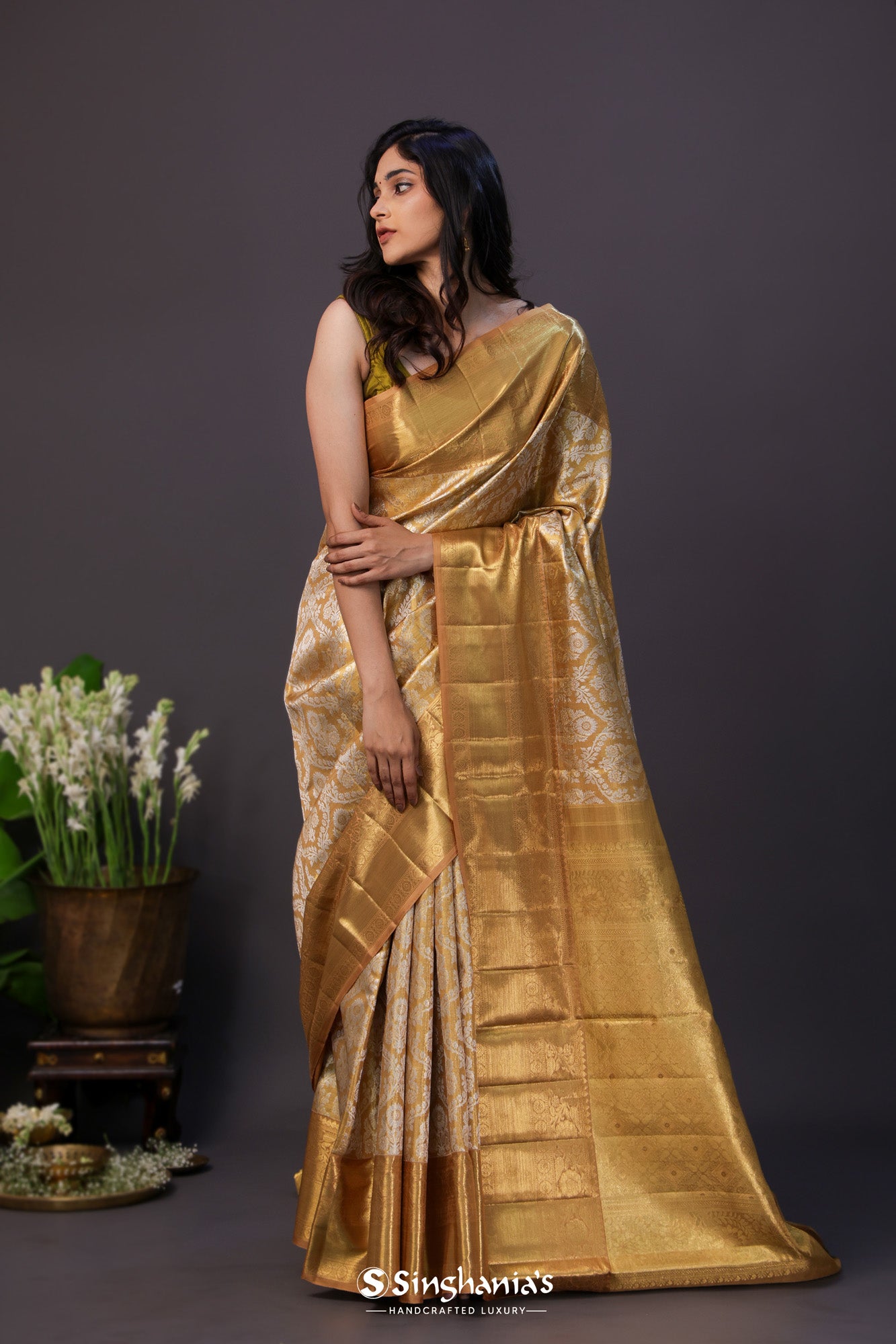 Saffron Yellow Tissue Kanjivaram Silk Saree With Floral Butti Ogive Design