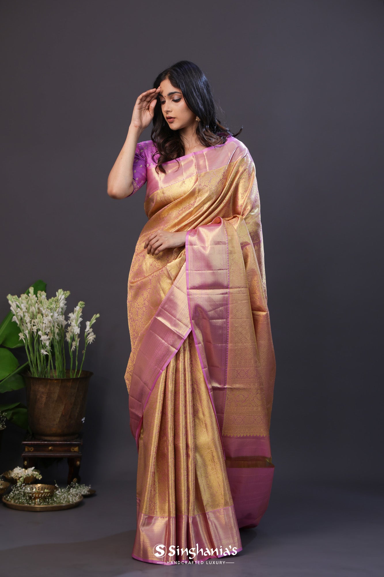 Pastel Pink Tissue Kanjivaram Silk Saree With Jaal Design