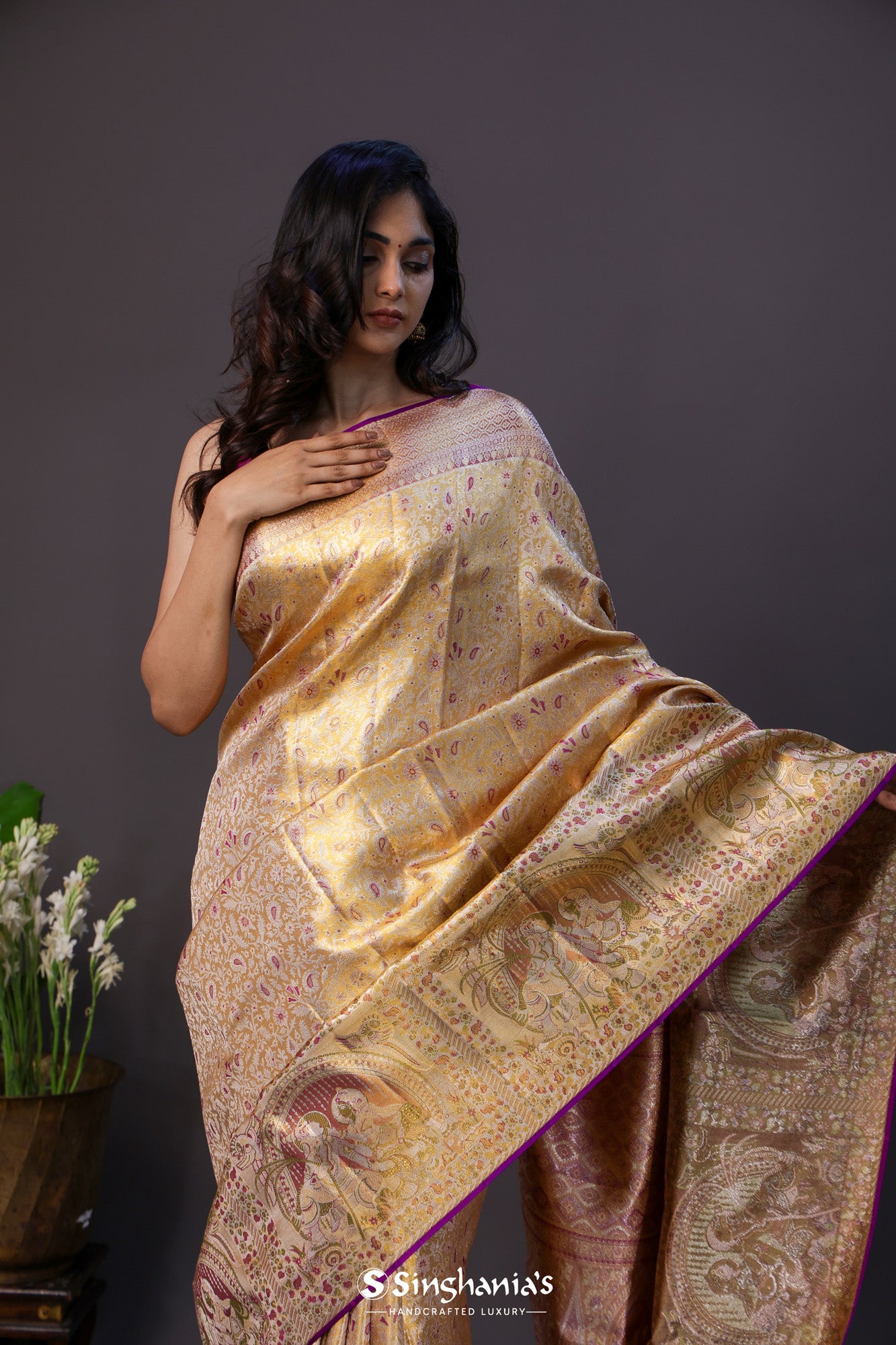 Earth Yellow Tissue Kanjivaram Silk Saree With Meenakari Jaal