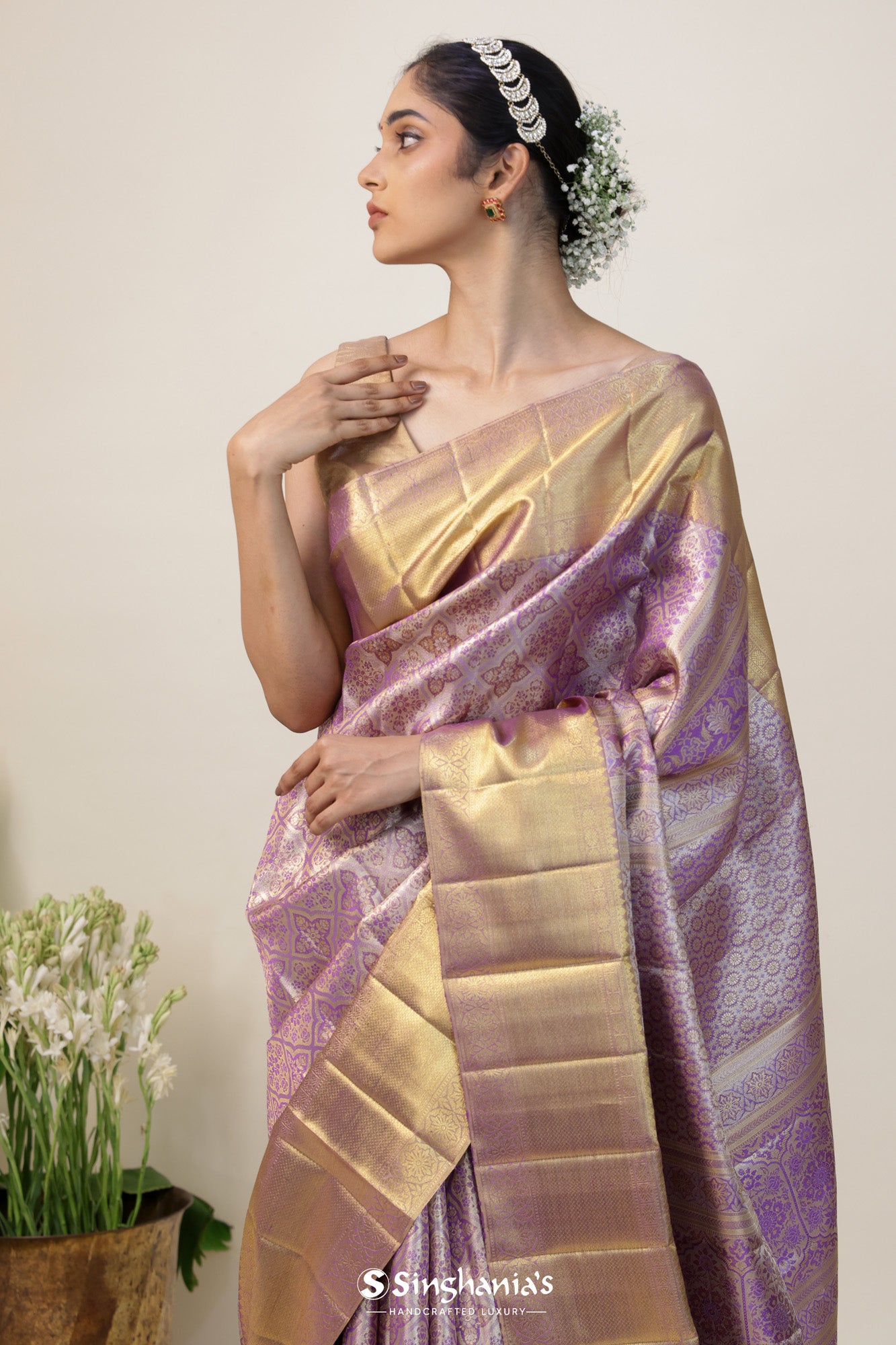 Mauve Purple Tissue Kanjivaram Silk Saree With Floral Ogival Weaving